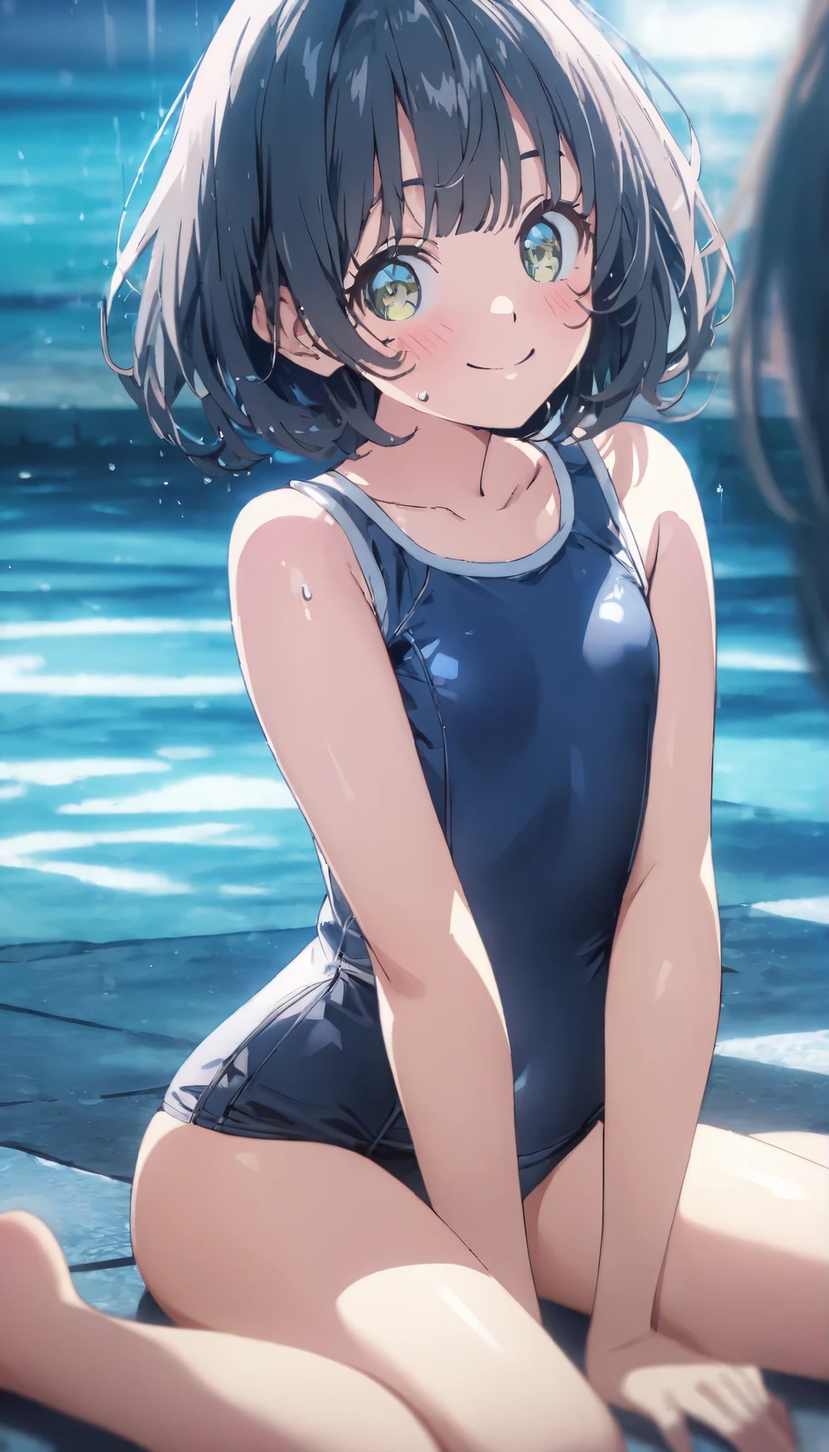 (masutepiece:1.1), (Best Quality),(beautiful artwork), Teenager girl, 1girl, (School Swimsuit:1.2), onepiece swimsuit, Wet, Covered navel, Water, Black hair, (Big smile), Brown eyes, day, Small bust, (Wet:1.1),(Water splash:1.1),The swimsuit is wet,(Lens Flare),(Tsurime),(Sweat),(Bokeh:1.2),(brown eyes),cowboy shot,(evil smile),(NAVY BLUE school-swimsuit:1.3),sandy beach,arched body,, navy-blue school-swimwear,brown eyes,black hair,from side,ynamic pose,(big smile),extra long sideburns,short hair,twist waist,(running:1.1),bangs,