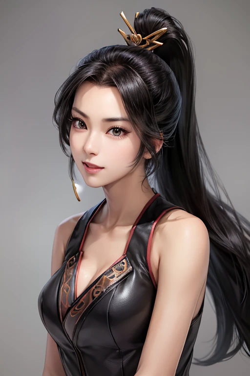  Black Ninja Outfit, 1 person, cute ponytail ,   Big Breasts and Chest  , Highly Detailed Face and Skin Textures, taken from the direction of the ,  perfect beauty : 1.4, fine grain, double eyelid, Whitening, Highest Quality, Ultra High Definition, simple background,Ninja Girl,iPhone