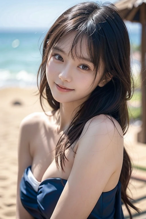 ((In detail))、(Anatomically correct)、((Headband Top))、blue sky、Cobalt Blue Sea、White sand beach,(((Your smile is cute,)))、((Elegant Japanese girl、:1.5))、Super cute lolita idol、Frolng expression、(Brown Hair、Semi-long hair with a topknot,)、(((Beautiful girl in a white dress, Transparent muscle)))、(Slender body and beautiful breasts)、(Well-formed and elegant face、amount)、(((Big Breasts)))