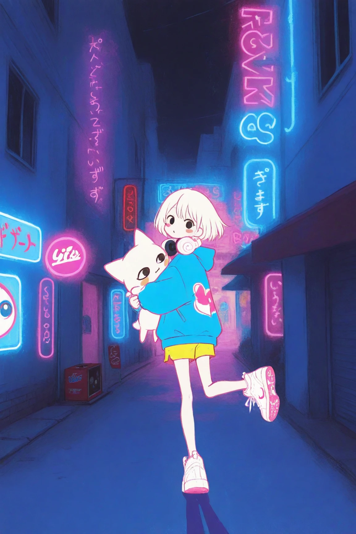 has an energetic and bright expression on the street where neon lights shine at night A girl in her late s is walking,pop icons such as stars,pastelピンクのボブヘアにカラフルなヘアピンを複数つけている,pastel yellow shorts,Clothes are oversized, bright blue hoodies、pastelイエローのショートパンツ、white Nike sneakers,The girl rolls a record box with a carry with her right hand,The record box is white、music and anime characters、Cute Animals（Cats, rabbits, etc.）、full of colorful stickers with the brand logo,kicks one leg forward so you can see walking movements, overaction gait,Buildings,road signs,the background and surroundings are cute cartoon style,Soft Shadows,pastel＆based on vivid colors,large white headphones on the neck、pink and blue neon lights and the city are floating in the background,high definition,bright and pop atmosphere,drawing in every detail, Anime Moe Art Style, Cute Core, cute art style,  cute anime , Official Artwork, cute little character girl, candy punk character design