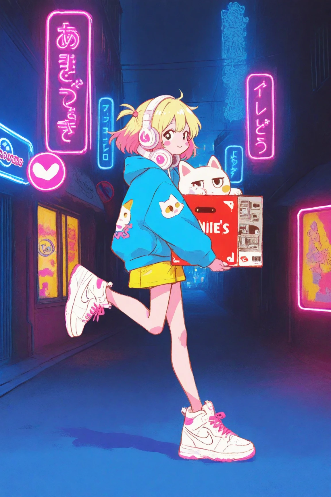 has an energetic and bright expression on the street where neon lights shine at night A girl in her late s is walking,pop icons such as stars,pastelピンクのボブヘアにカラフルなヘアピンを複数つけている,pastel yellow shorts,Clothes are oversized, bright blue hoodies、pastelイエローのショートパンツ、white Nike sneakers,The girl rolls a record box with a carry with her right hand,The record box is white、music and anime characters、full of colorful stickers with the brand logo,kicks one leg forward so you can see walking movements, overaction gait,Buildings,road signs,the background and surroundings are cute cartoon style,Soft Shadows,pastel&based on vivid colors,large white headphones on the neck、pink and blue neon lights and the city are floating in the background,high definition,bright and pop atmosphere,drawing in every detail, Anime Moe Art Style, Cute Core, cute art style, cute anime , Official Artwork, cute little character girl, candy punk character design,Lots of rabbits and cats at the girl's feet