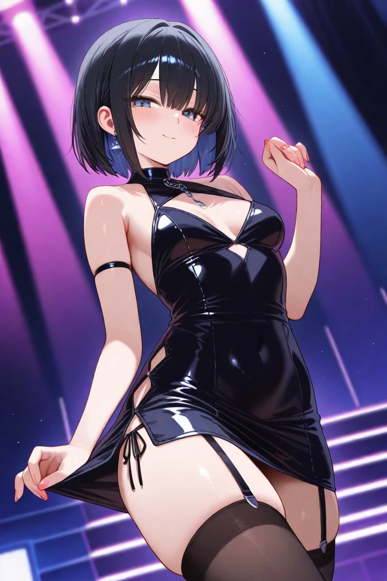 Masterpiece, high quality, girl who has fog instead of a face reference from 3 sides, black flowing dress, bare skin, dance floor