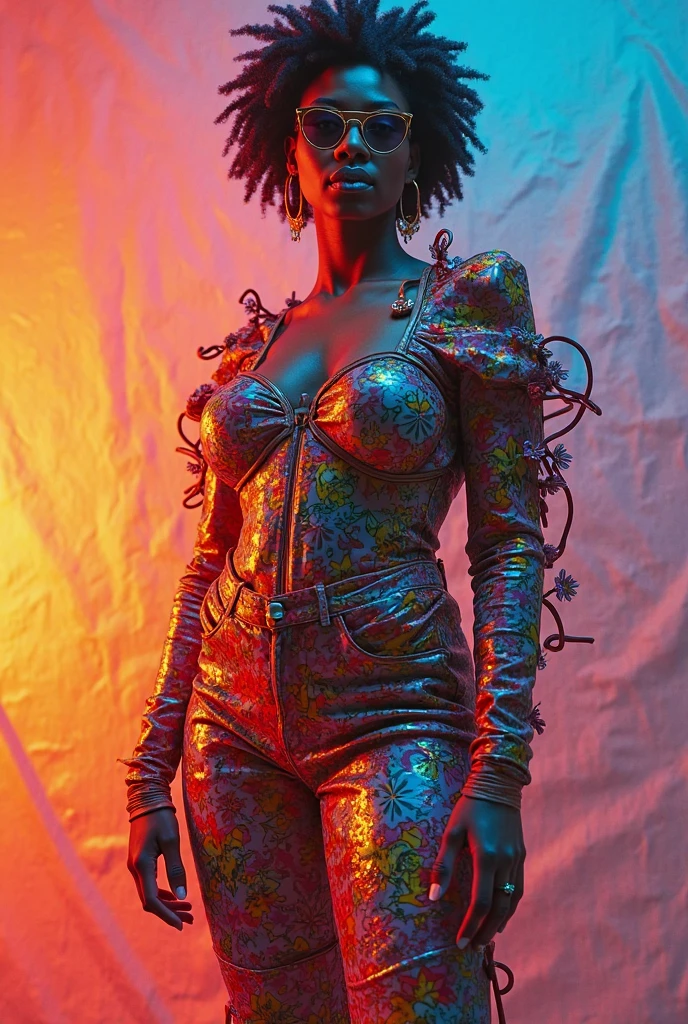 Full body shot of a Black woman dressed in African designed clothes with neon lit glowing red and blue tattoos, standing in an empty place with tattoos lighting the scene, a yellow fog atmosphere in the scene, the tattoos shining in the scene, providing an atmospheric cinematic colour grading, 32k,