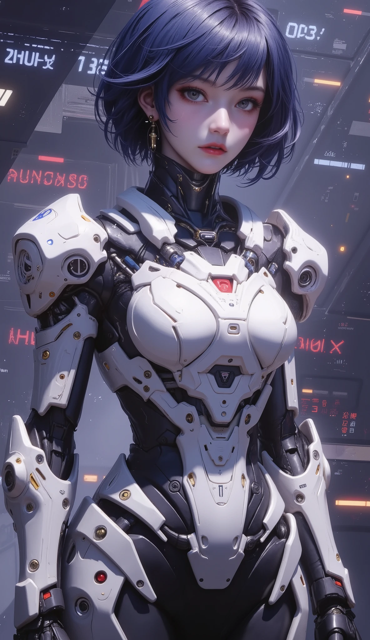 4K animation style image quality, Digital Drawing Mode ,A Shy and Shy Engineer,with short dark blue hair and dark gray blue eyes,Wears Negan Negeri IS Battle Armor,Dressed in White and Dark Blue Outer Armor,Standing in Advanced,Surrounded by Data Streams and Holograms,full body,Careful Observation Pose,movie lights,perfect anatomy,Intricate Armor Details,Full HD,4K,[Hall,depth of field。