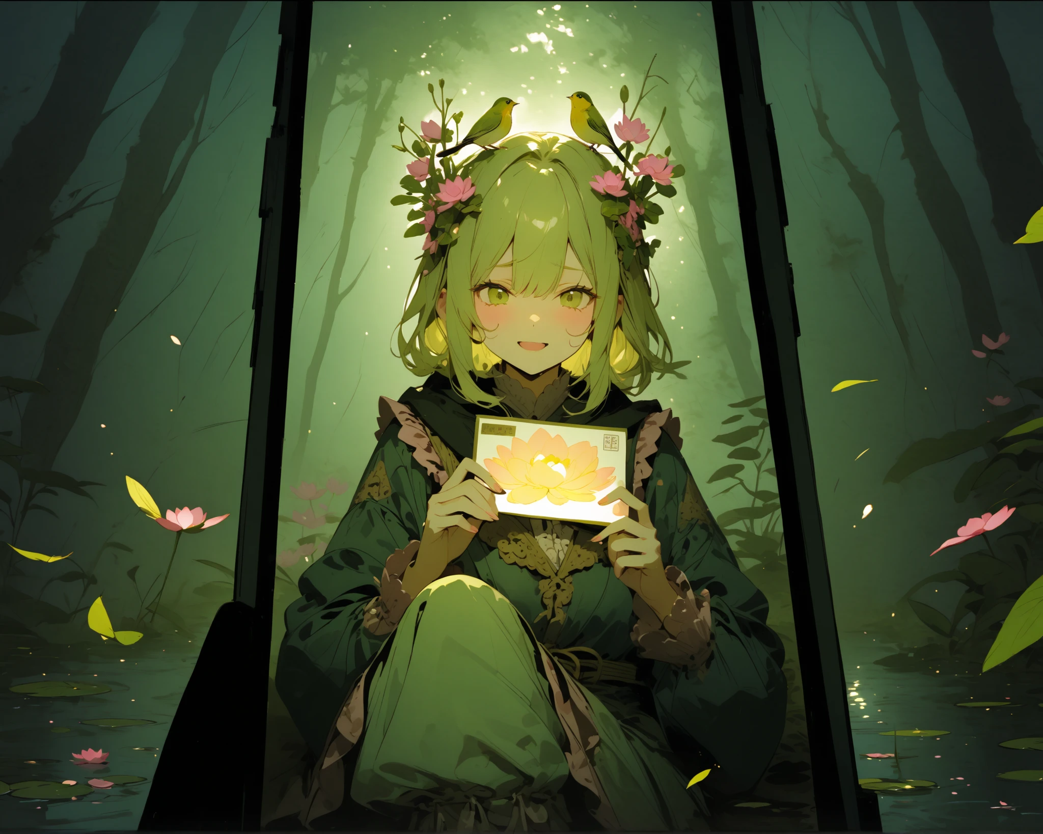 She has a very proud expression. The pond is filled with water plants and pink lotus flowers.