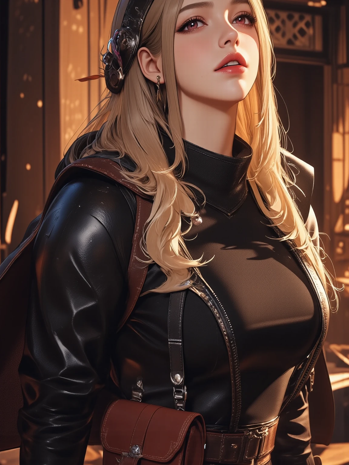 A blond-haired, 35-year-old female breton stands confidently on a balcony, bathed in warm indoor lighting that accentuates the curves of her cyberpunk-inspired ensemble. She gazes directly at the viewer, her piercing gaze enhanced by the subtle sheen of her tight latex dress. The gothic ambiance is amplified by the night sky behind her, while medium-sized breasts are subtly highlighted beneath the fitted fabric. Framed at 1.3 upper half, the portrait captures the subject's captivating presence amidst a futuristic outdoor setting.