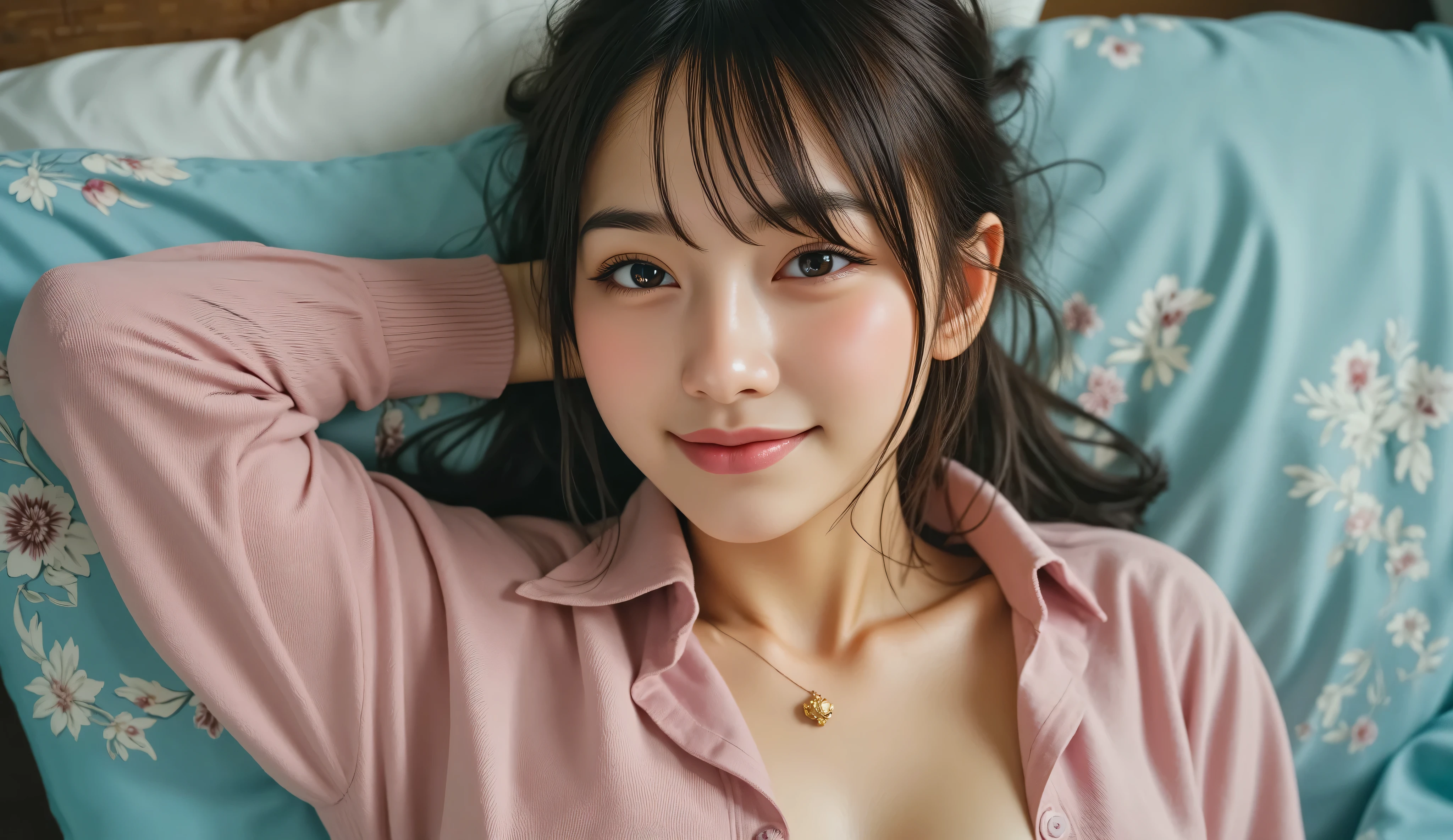 ((解剖学的にaccurate人体構造)), (Canon), (EOS R5), (50mm), ( No Lens Flare :1.5), (超high definition), (masterpiece), accurate, (realisticな質感の肌), ((Highest Quality:1.5)), ((masterpiece:1.5)), ((realistic)), (high definition), Super Detail, High detail during meals, winning work, 32K, depth of field, digital camera, Bright cinematic lighting, Bright professional lighting ,((NSFW)), (((pink cardiganを羽織っているフルヌード:2.0))), (Sometimes Wears a Black Suit), ((Aerial view from above :1.8)), (( upper body shot from head to knee :1.8)), (full body shot with mahiru:1.4), ((Beautiful and cute, 20-year-old Japanese college girl)), ((A very cute college girl who feels young)), ((lying on her back with her hands behind her head showing her sweaty armpits)), ((オフショルダーでpink cardiganを羽織っいる:1.8)), ((pink cardigan)), (Realistic gold necklace), pretty, fluffy black hair, medium hair, very sexy, charming beauty, seductive pose, height 160cm, slim figure, Beautifully shaped big bust, E cup, ( very cute smile:1.5), (alone:1.5), (brown eyes in the bedroom:1.9), (Highly realistic detailed depiction of skin), (Highly detailed, realistic eyes:1.9), (Very beautiful long, realistic eyelashes), (Highly detailed, realistic eyebrows), (丸いbrown eyes in the bedroom :1.8), (Beautiful catchlights in the eyes), (Realistic lips with moisture ), (white realistic teeth neatly arranged), (Sexy, cute, and detailed face:1.6), (hourglass figure:1.6), (Wasp waist :1.5), (Perfectly round and beautifully shaped breasts:1.8), ( clearly contoured cheekbones :1.5), (perfectly shaped body :1.8), (Healthy body :1.8), (Narrow shoulders:1.9), (staring at the viewer), (seductive gaze), (Beautiful, natural-looking hands), (beautiful pink nails with a beautiful length), ( very cute smile:1.1), (Waist, I can see my stomach:1.4), (Realistic, natural visible belly button:1.4), ((pretty woman with fair skin lying on her back on a pale light blue bed with a beautiful flower pattern:1.5)), ((Light blue bedspread with a beautiful flower pattern)), ((Dark blue cover pillow with a beautiful flower pattern)), (Her whole body is facing the camera), Arms raised up 、((My cleavage is pretty sweaty)), ((I can see my sweaty underarms)), (( armpit is clean and smooth)), ((spread your legs wide)), My legs may stretch straight down,(Realistic and beautifully shaped bust), (Real Beautiful Nipples), (big areolas), (You can see real female genitals), (You can see a real vaginal opening), (I have a lot of pubic hair), (May have visible anus), 彼女の表情はvery sexyで魅力的, Soft lighting creates a romantic and intimate atmosphere, ( show your hands as little as possible ), accurate手の形,accurate手の指の形,accurate手の指の数,5 fingers on one hand , accurate脚の形,accurate足の指の形, accurate足の指の数, Five fingers on one foot, (Color temperature 5000K)