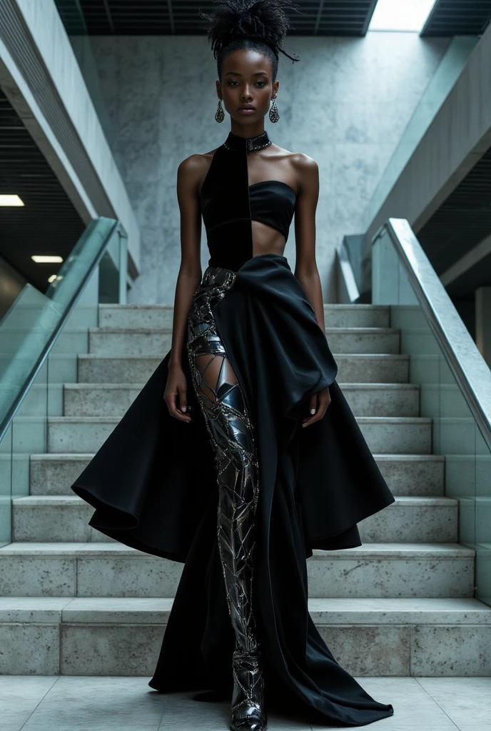 fashion brand collection, highly detailed, beautiful, masterpiece, best quality, Geometric style, abstract beauty, Beautiful and cute perfect model, (all body shot, standing and posing:1.3), BREAK latex, Glossy, Liquid, rubber, BREAK (turtleneck:1.2), (black theme:1.2), (black maximum A-line skirt:1.2), (patchwork of fish net and leather:1.4), (complex triangular silhouette, The cloth complicated hanging from the skirt, triangular cloth, A lot of cloth hanging from the skirt, Unmatched cloth, large cloth that hides the all legs, Complex layered skirt:1.4), (Perfect and beautiful mode costume skirt:1.4), Stockings, (gray hair, blue eyes:1.4),