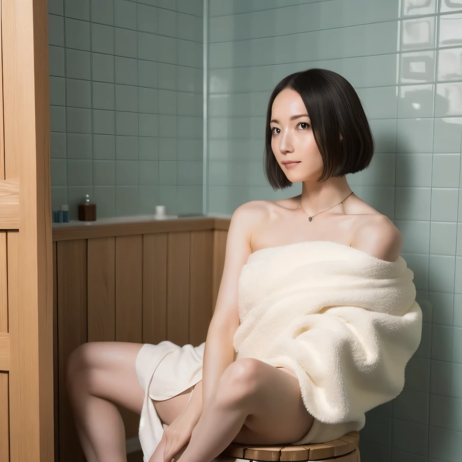 A beautiful woman in a A narrow, compact Japanese bathroom, with tiled walls, a small bathtub, and a wooden stool beside it. Steam fills the room., sitting in seiza style , politely waiting to greet someone.The character is wrapped in a towel around the body. short hair, dark hair, dark eyes.