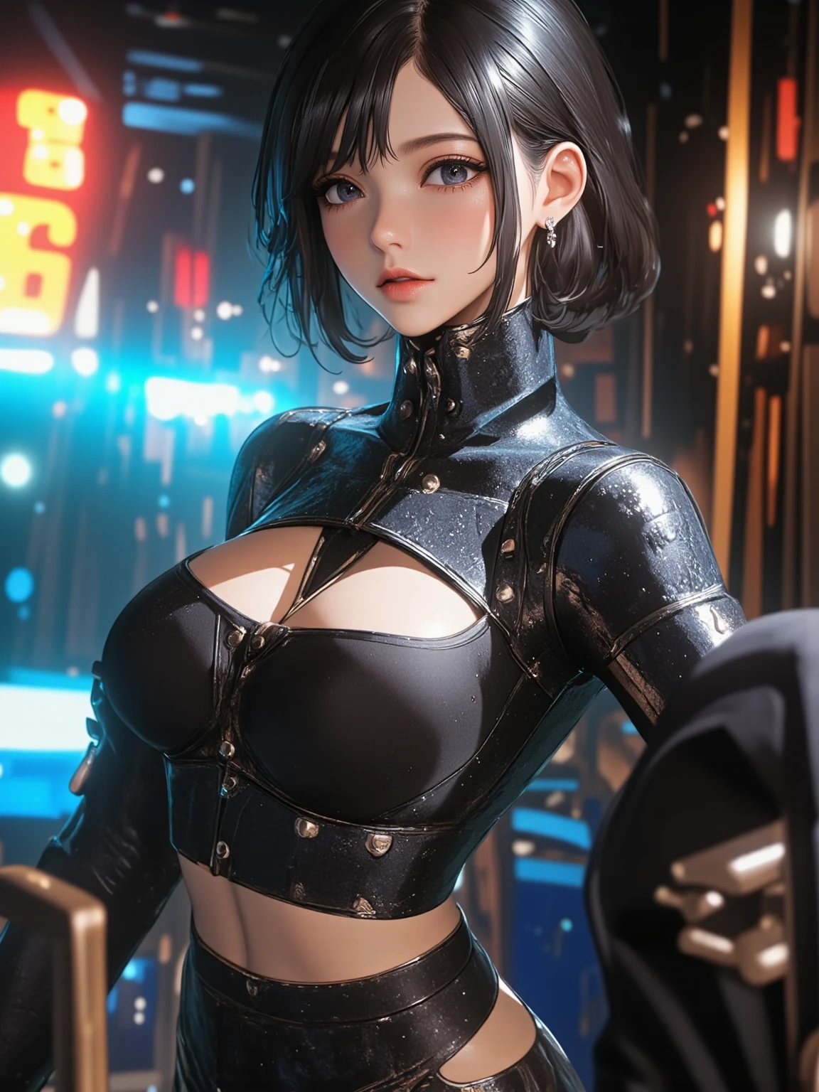 a girl,starry sky,Off the shoulder dress,front Photo,black hair,short hair,abdominal muscles,Smile,good body shape,,4k highly detailed digital art, 4k detailed digital art, Realistic digital art 4k, Realistic digital art 4k, Stunning digital illustrations, portrait beautiful sci - fi girl, Portrait of a sci-fi woman, digital artwork 4k, the cyberpunk girl portrait, beautiful cyberpunk girl face, Epic portrait illustration