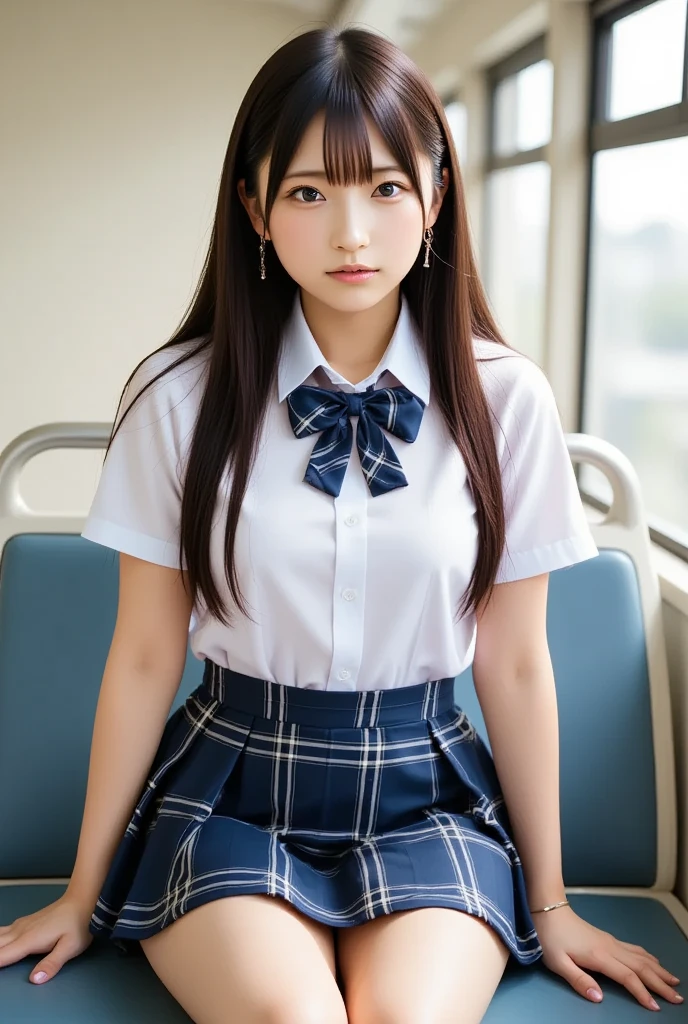 High angle shot、Center View、An Asian woman in a short skirt and bow tie is sitting on a train、Cute school girl、Japanese girls uniform、Wear Japan 、Japanese 、Surreal 、Dressed as a high school girl、Surreal 、Wearing a uniform、Realistic high school girl、Girl in uniform、Wearing a uniform、 Pause、Esbian all over、Beautiful skin、Glowing Skin、Nice thighs、Shining thighs、Shining Legs、barefoot , Japanese High School 、Nogizaka Idol、Korean Idol