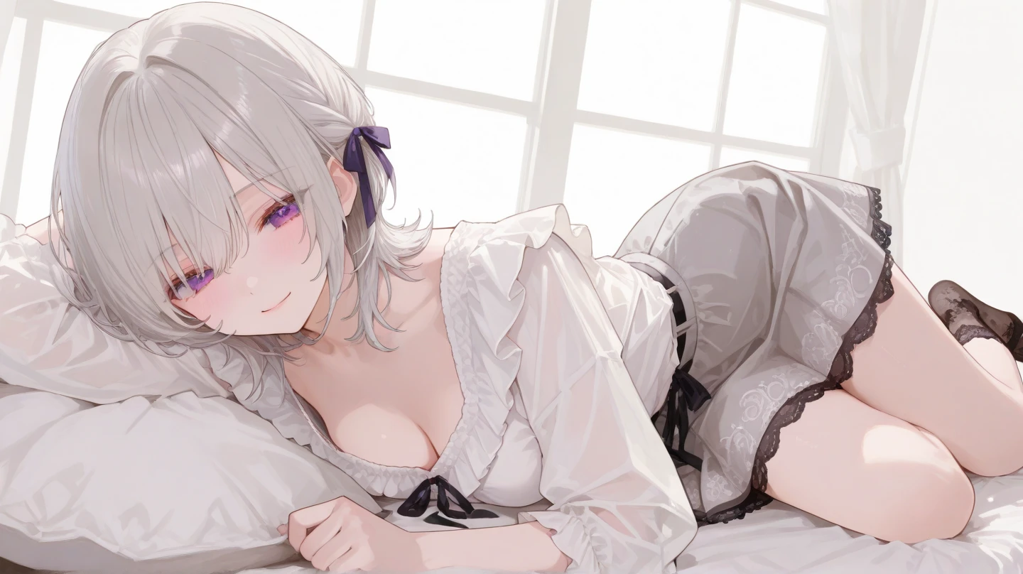 table top　High level image quality　best image quality　8K　adult　 lady（I）　portrait　white long gloves　white stockings lingerie（（Tube top）blanche））- [ ] Emilia re:zero, purple eyes, Emilia, crown braid, x hair ornament, flower hair ornament, white hair, very long hair, medium breasts,　wolf ears, laughter　With background（Bedroom）　lie down