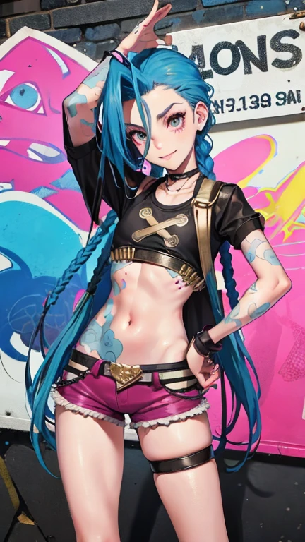 masterpiece, best quality, very aesthetic, absurdres, newest,1girl,(close-up of face:1.2), (covered_nipples), ahegao, tongue_out, rolling_eyes, saliva,double V gesture,tears in eyes, JinxLoLXL, pink eyes, blue hair, bangs, long hair, braid, twin braids, tattoo, small breasts, necklace, leather bra top only, (two-tone bra top), navel, gloves, single elbow glove, fingerless gloves, bullet belt, purple short shorts, single purple thighhigh, bandaid on leg, boots, solo, looking at viewer, indoors
