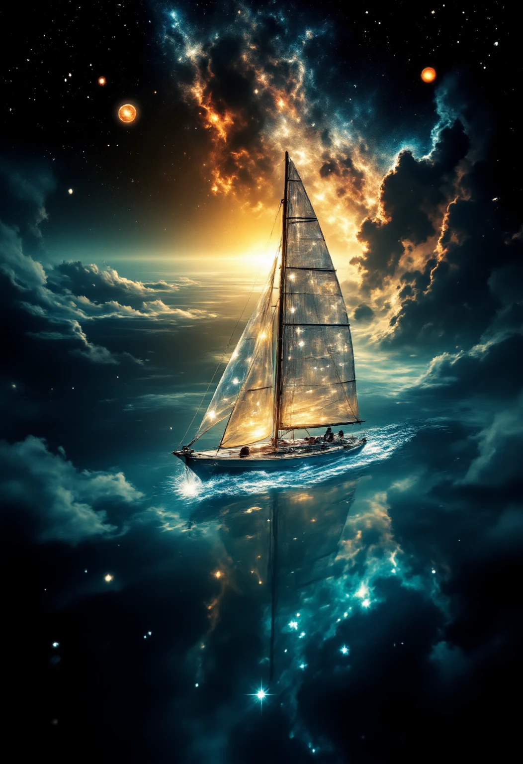 a huge, transparent sailboat swims through the vastness of space、infinitely dreamy illustrations, surrounded by nebulae galaxies and a beautiful asteroid belt. (Highest Quality,4K,8k,high resolution,masterpiece:1.2),very well detailed,(realistic,photorealistic,photo-realistic:1.37),  Fantastic Lighting , bright colors, A sailboat that shines in the celestial world, Ethereal Atmosphere, Graceful Movement, calm and peaceful.overwhelmingly impressive composition