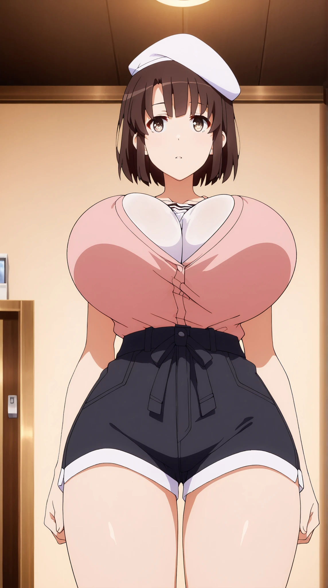 looking at the camera、When I Look at You、lookatviewer、Anime Style、Eroge、1 Girl, (Huge breasts), (Tight white camisole dress)、Low Angle、Brown haired, hair band、Bob Hair、The forehead is visible、blush,The whole body is visible:1.5、Long skirt、Pregnant women