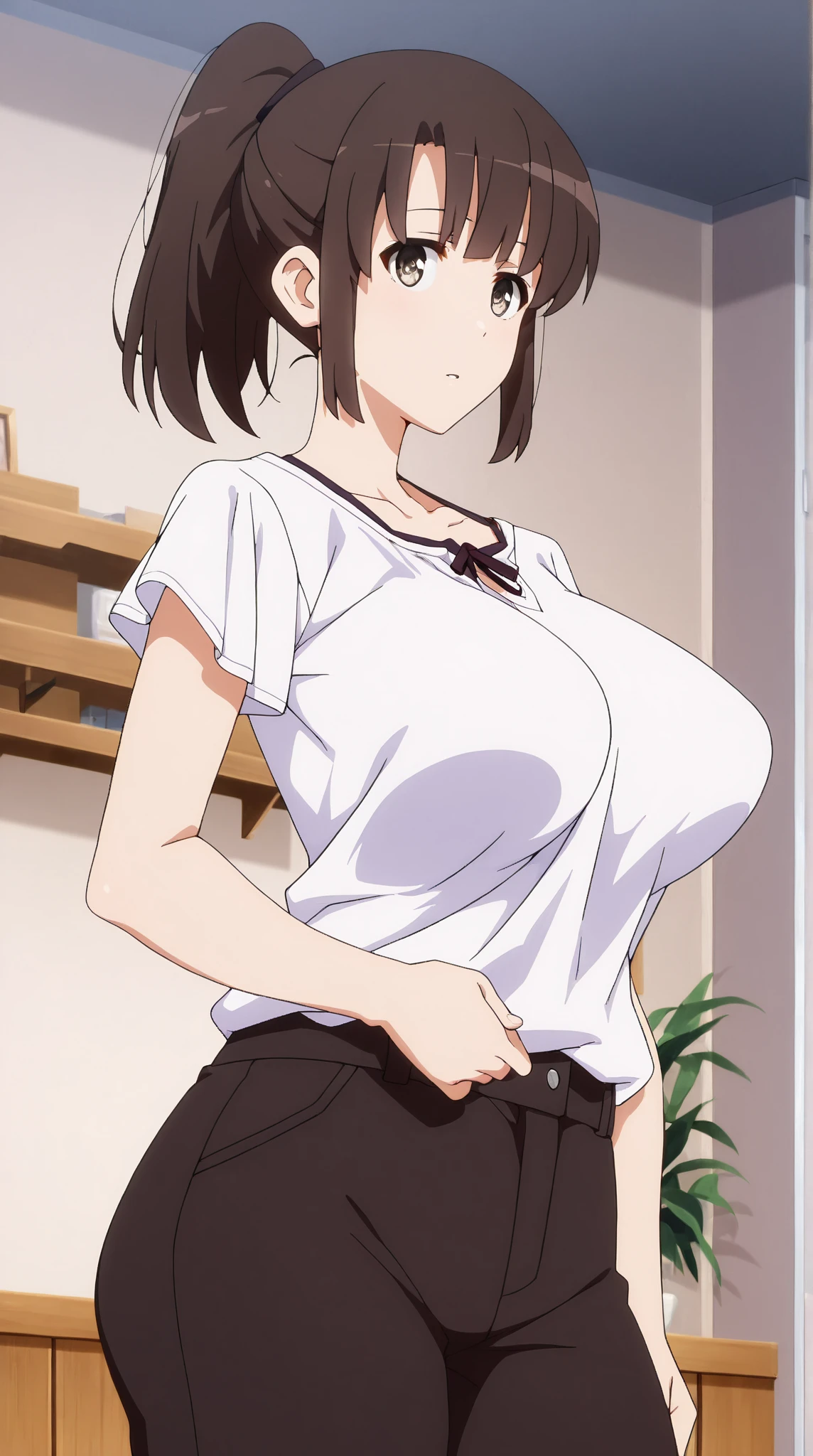 photorealistic, (4k), depth of field, (Masterpiece), (realistic skin texture), extremely detailed, intricate, hyper detailed, high resolution, professional photography, bokeh, sharp detail, best quality, woman,, huge breasts, standing with hands on hips japanese style, black lace bra, black lace panties, black lace lingerie, no clothes, no cloth, big breasts, perky tits, upper body, white nightdress, white female nightdress, black unbuttoned nightdress, unbuttoned, panties and bra can see, visible bra, upper body, upper body, not buttoned up, mio, makeup, hair ribbon, hairband, hair ornament, upper body, upper body, blush, blush on face