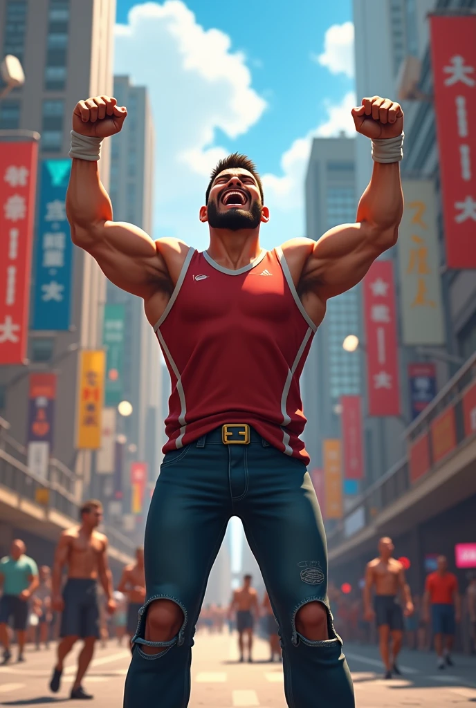Robust champion man, torso exposed, legs bare from thighs to feet flowing long curls, meticulous muscle definition, lifelike representation, 4K resolution. Background: Stadium filled with cheering spectators,32k uhd, best quality, masterpiece, super detail, high details