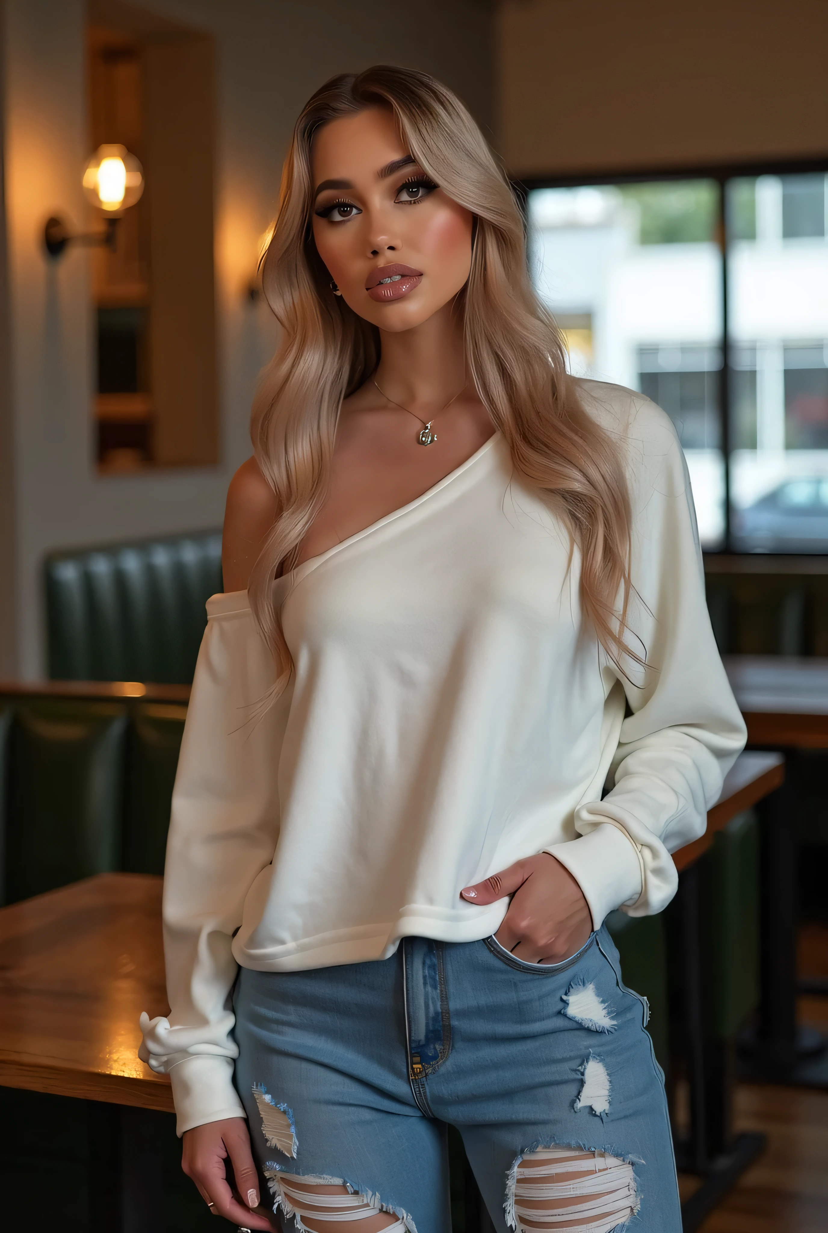 masterpiece, best quality, extremely detailed, hyperrealistic, photorealistic, a beautiful 20s french model, at bar, face down, ivory sweater:1.2, tight jeans, ultra detailed face, long hair, blonde hair, pale skin, busty breasts, ass