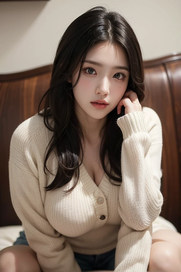there is a woman laying on a bed with a cell phone, cruel korean goth girl, Ulzzang,  coreana, fera, Heonhwa Choe, imagem de perfil, 1 8 are, 8k)), sakimichan, sentado na cama, look sexy at the camera, olhos do quarto, sentado na cama dela