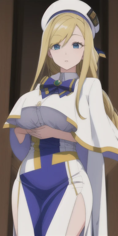 ((best quality)),((highly detailed)),masterpiece,absurdres,detailed face,beautiful face,(detailed eyes, deep eyes),1girl,((dynamic pose)) Cecily, blonde hair, breasts, long hair, blue eyes, blush, habit, large breasts, solo focus, looking at viewer, bangs, smile, dress, nun, long skirt, long sleeves, outdoors, closed mouth, blue dress, blunt bangs, blue headwear, blurry, blurry background, veil, church, sidelocks, standing, day, cowboy shot, twintails, wide sleeves, arms at sides, hair tie, depth of field