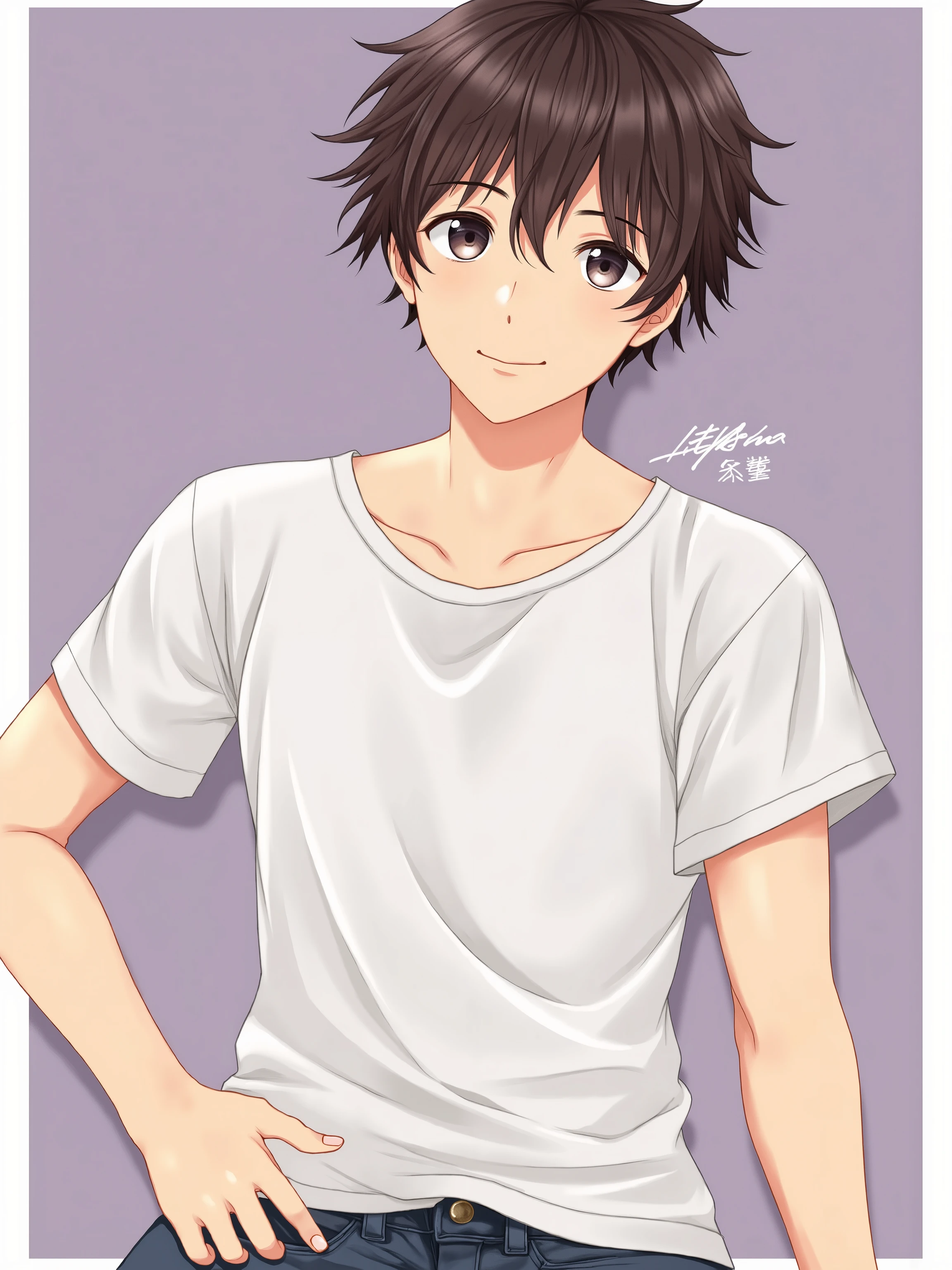 18 years old,anime man,anime style,Normal casual wear, beautiful face ,Handsome,Center with the Chinese subtitle “Little Chi Licks Dog”