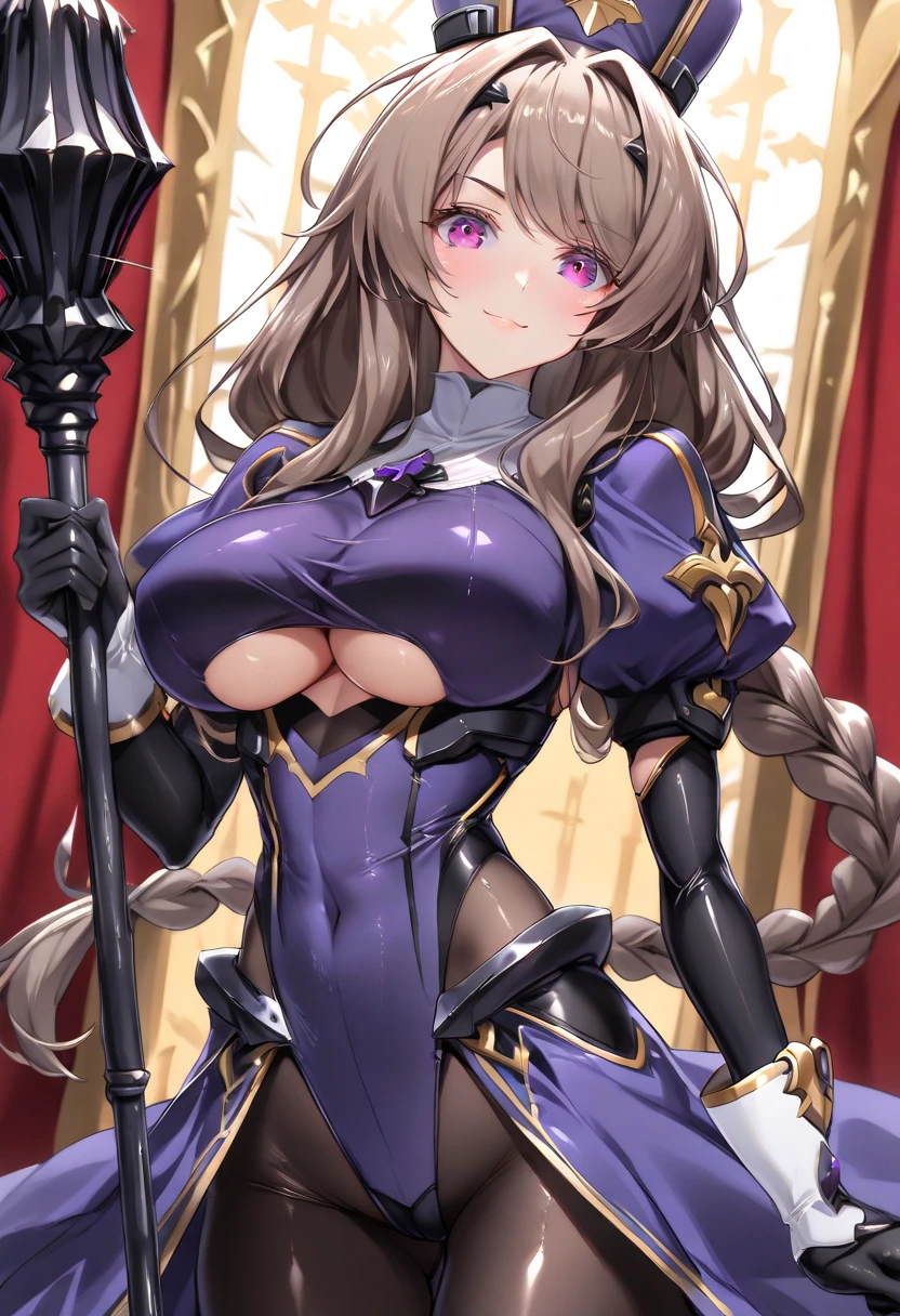 Glaring , hero Sylvia, hallway, armor, looking at viewer annoyed ,