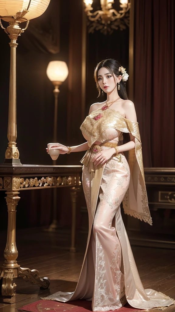 (raw photos:1.2), (realistic:1.4), (Masterpiece:1.3), (best quality:1.4), Ultra high resolution, (Detailed eyes), (Detailed facial features), (Detailed clothing features), HDR, 8K resolution, Focus only, let your hair grow long, Dressing according to Thai tradition, Traditional shawl , 1 woman , big breasts, A gigantic rift, big breastsดันเสื้อผ้า, big breast, Breasts are fully grown., Make your breasts bigger.., small waist, Long legs, Facing the audience, Full body, depth of field, Lighting system at the level of ancient Thai houses, big breasts,  too big for your body, Showing a flat stomach, full of jewelry