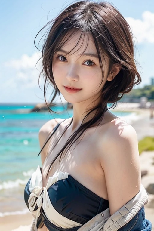 (masterpiece, Highest quality:1.3), (Super detailed:1.2), (hyperRealistic:1.3), (RAW Photos:1.2),High-definition RAW color photos, Professional photos, (PhotoRealistic:1.4), (Realistic:1.4), ,Professional Lighting, (Japanese), Beautiful Face, (Realistic face), Cute Woman, (Brown Hair, Big Breasts:1.5), (Bright smile:1.5), Trending Hair&Trending Hairカラーをランダムに, Earrings, necklace, bracelet, Sexy, erotic Sexy, Random sexy gravure poses, (Sexy beauty in green bikini、Tropical Beach、A happy smile、Wavy Hair、Lying on the beach pose。:1.3)