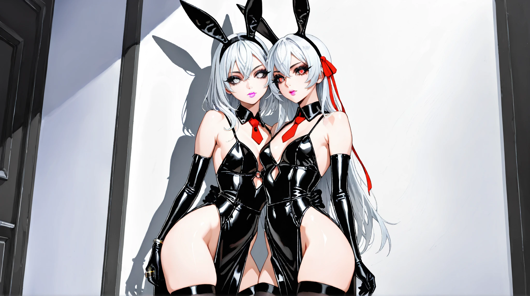 "2 girls, ((Masterpiece)), [Slim], (Small breasts), Pale skin, ((Detailed eyes)), (Background blur), ganyudef white long hair, Red eyes, villainous, Dark theme, [eyes liner], Evil".. Embracing. Profusely Blushing, profusely sweating. Naked Lesbian.  (Groping fondling pulling breasts). Spit. (Bunny suit).  [multiple penetration cream-pie] [stripping of clothes]  {bending over), recoil, violent. Kneeling. Heart pupils. Deepthroating. Crawling. (Cum dripping spread pussy) exposed pussy. Pulling hair, long tongue. Masturbation. Dildo. Rape. sex. Open mouth. Crawling. Smut. Erotica. Decapitated. Choking. Riding on dildo. Sex toys, pantyhose