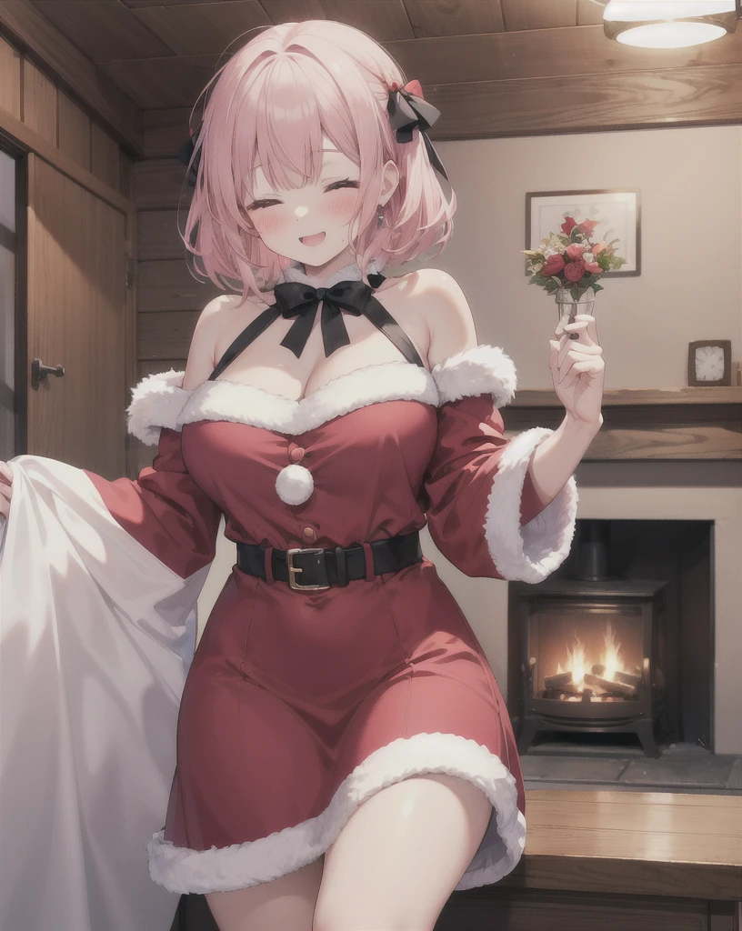 ((Best Quality)), (((masuter piece)))、Solo、Perfect face,(((Violet hair)))、faded green eyes、(bobhair)、short-hair、(((two bun hairstyle)))、Ahoge、(a smile)、((Santa Claus Costume))、(((Black Knee High Socks)))、hoodie style costume、sunflower accessories、sunflower hair tie、,the pose、energetic the pose、((Chibi Chara))、瞳に☆の形の模様がある