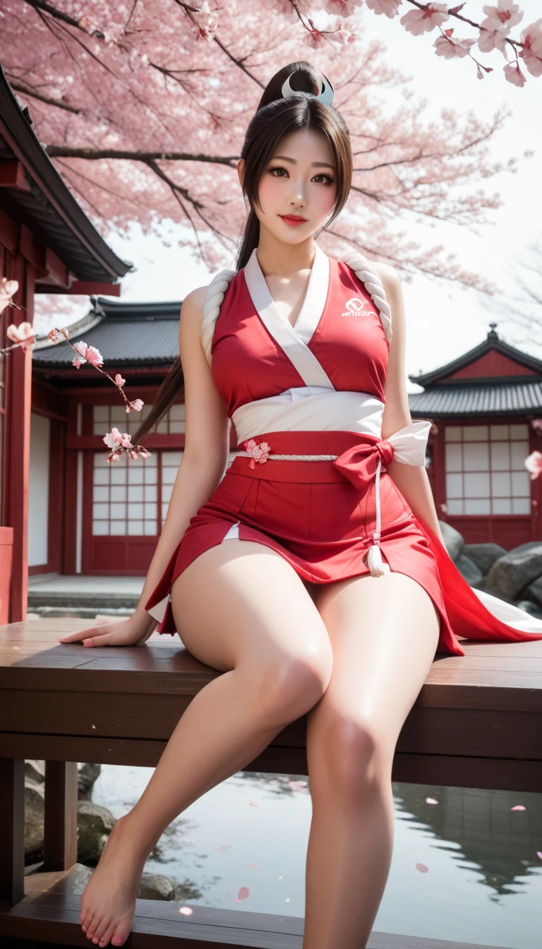 Mai Shiranui,Paper fan in hand,smile for camera,Full body image,Very detailed,4K, Wearing a bikini style kimono,Looking up at the camera