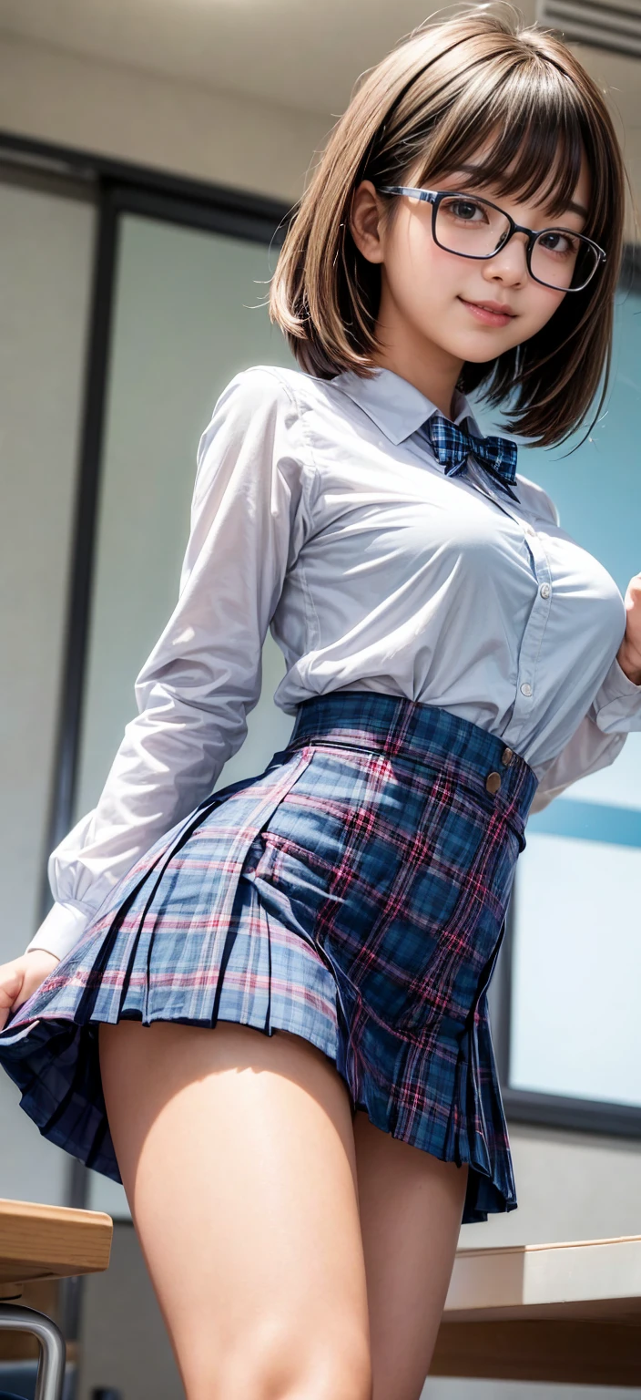 Highly detailed CG Unity 8k wallpaper, top quality, super detailed, masterpiece, realistic, photorealistic, very detailed cute girl, 20 years old, (skirt lift), (skirt lift), (skirt lift by yourself)), white panties, panties focus, blush, parted lips, looking viewer, semi-body shot, wearing collared shirt, crowd, (crowded indoors), short hair