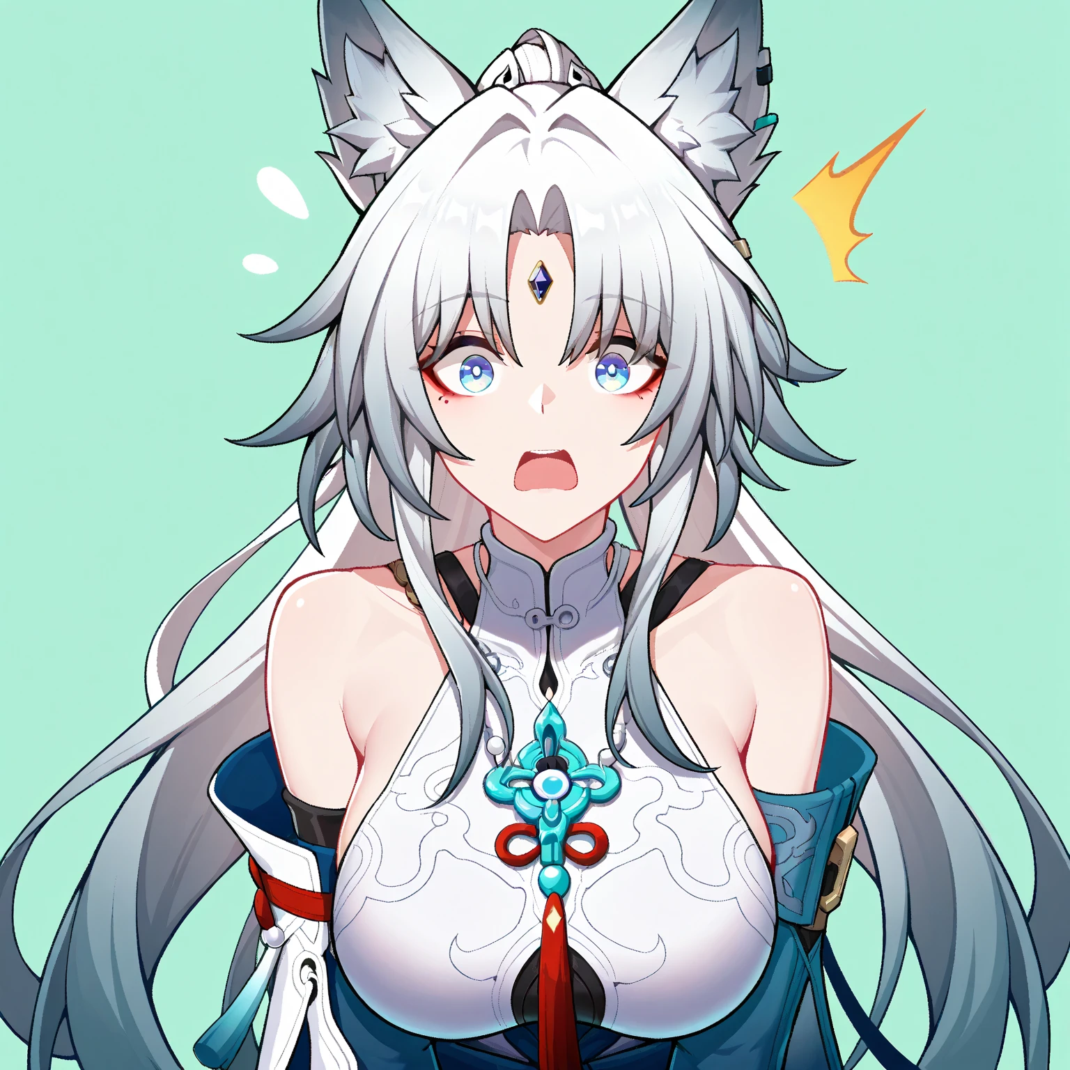 (best quality,highres),1girl,cleavage,gown,scarf,neil,red lips,solitary,upper body,blue hair,white fox ears,white fox tail,nine tails