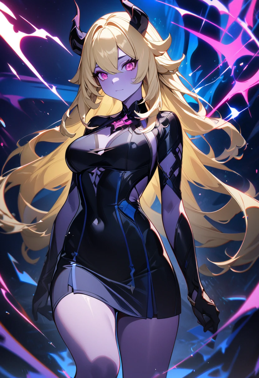 (masterpiece, best quality:1.5), (ultra detailed, high resolution, 8k, beautiful detailed, UHD, best anatomy), blonde hair, flat breasts, 1 cool girl, Background is red and blue flame effects, Jet black robe, Purple fiery aura over one eye, standing, night, Serious expression