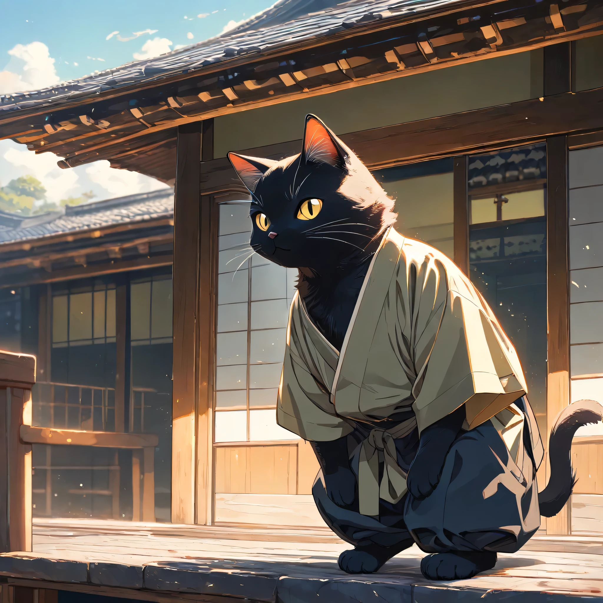 (masterpiece, best quality, ultra-detailed), a soft anime-style illustration of an anthropomorphic semi-human black cat with a rounded face, shiny yellow eyes, soft black fur, and symmetrical forward-facing ears. The cat is relaxing on the tiled roof of a traditional Japanese house, wearing a casual outfit inspired by traditional Japanese clothing, such as a jinbei-style top and wide pants. The cat looks relaxed and peaceful. full body, 1:1 aspect ratio, warm daylight.