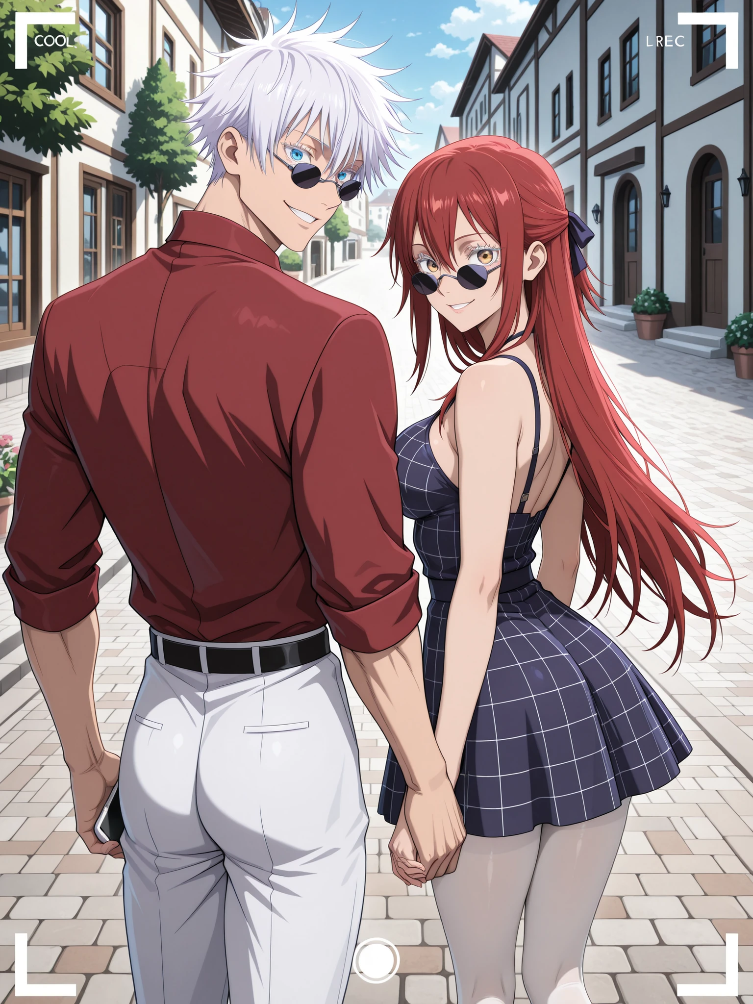 masterpiece, best quality, amazing quality, absurdres, dynamic shot, upper_body, anime screencap, official art, anime style, jujutsu kaisen screencap, smartphone screenshot, making picture, A romantic fantasy scene captured from the perspective of a smartphone camera, "Shot on iPhone" style.BREAK couple, hetero, duo focus, size difference, height difference , BREAK 1 girl , golden eyes , very long hair , long sidelocks, red hair ,half updo, petite , very cute , beautiful ,Straight hair, cool, handsome, hair between eyes, sexy, female, medium large breasts, (((white pantyhose))), long legs, wearing nice dress with short grey plaid skirt BREAK 1man, adult, male focus, grin, gojou satoru, jujutsu kaisen, white hair, short hair, (hair between eyes), colored eyelashes, white eyelashes, blue eyes, intricate eye iris, detailed eyes, muscular, toned body, sexy man, handsome face, black rectangular sunglasses, light red shirt, white pants, BREAK romantic couple, old italian town, buildings, cobblestone streets, plants, looking over shoulder, holding hands, back view, soft colors, The viewer is trying to take the photo of the couple in portrait mode, fake smarthpone