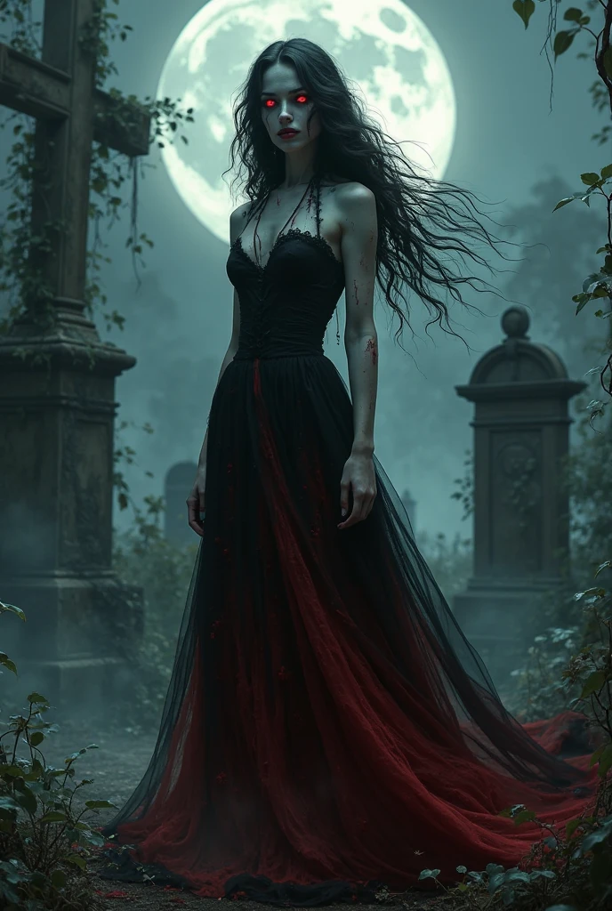 Artwork of a beautiful vampire woman with very red and chapped lips with tasting drops of blood in her mouth, has (((Long hair))) that reaches her waist, brown in color, wearing a long, tight black dress that highlights her slender figure, the environment is an abandoned cemetery (((very dark with full moon))) and gloomy in a (((rainy night))) very perfect and detailed high resolution image