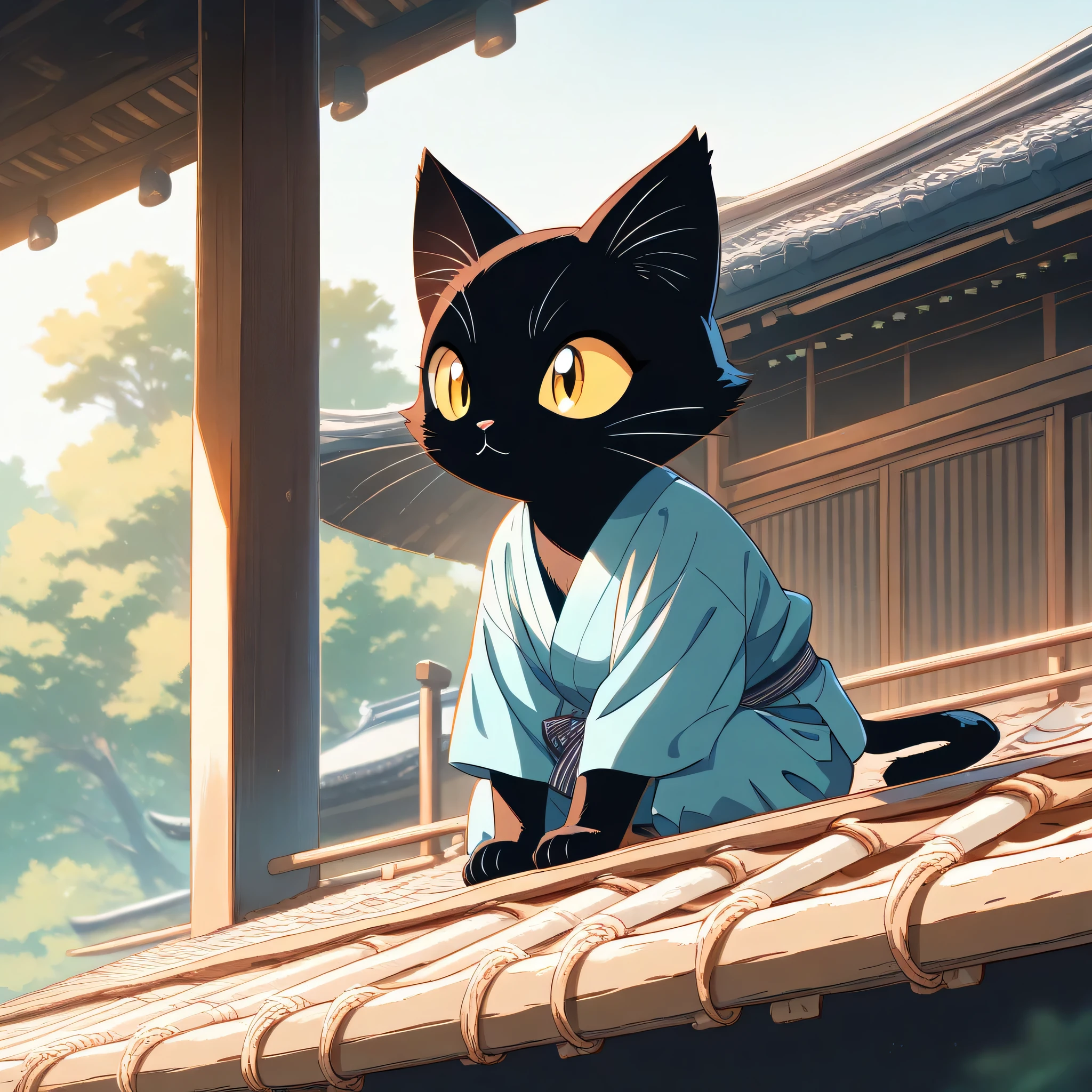 (masterpiece, best quality, ultra-detailed), a cute stylized anthropomorphic semi-human black cat with a rounded face, shiny yellow eyes, soft black fur, and symmetrical forward-facing ears. The cat is sitting and relaxing on the tiled roof of a traditional Japanese house, wearing a casual Japanese-style outfit with a jinbei-style top and wide pants. Full body, soft anime style, 1:1 aspect ratio, warm daylight.