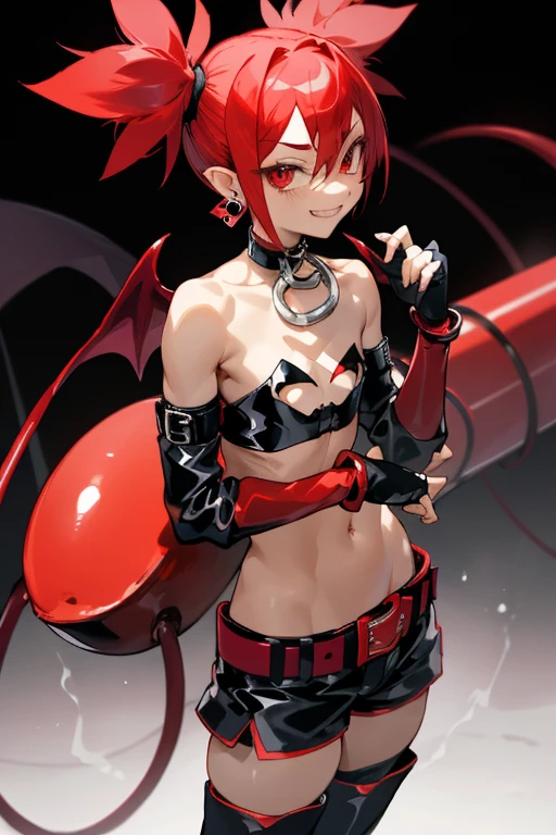 (highest quality、masterpiece:1.2) profile、Etna, red hair twintails、red eyes,devil、tall、long limbs、elbow gloves,thighhigh boots, (black tube top,black hot pants、choker、earrings、belt),sadistic smile,deep shaded face,,smile worst,worst ridecule,evil moukery,,,two hands,five fingers,black background,A face full of evil,Too evil ridicule,two legs,look down at viewer,