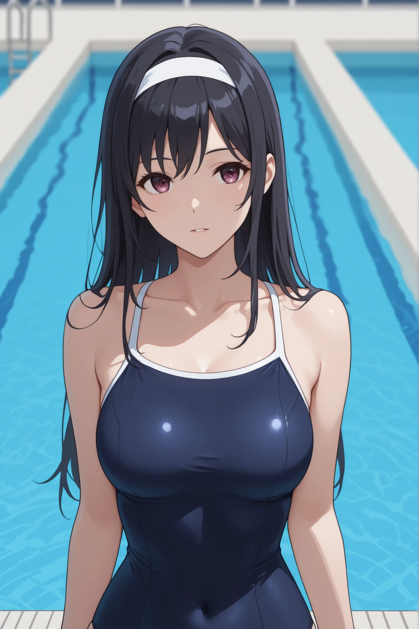 A woman with long black hair in a navy blue one-piece swimsuit with a white band came out of the pool