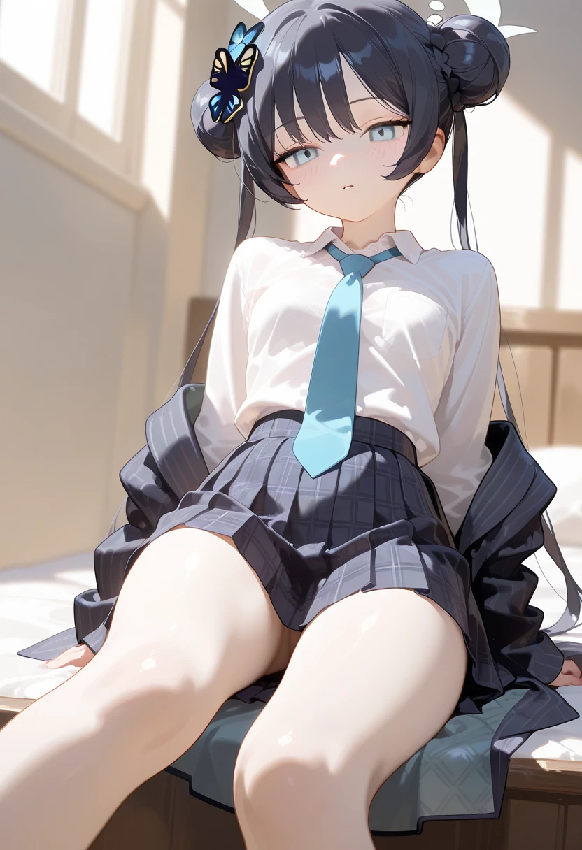 Maruka Higuchi、Higuchi_Madoka、Mature Japan、1 person、thin and thin legs、The whole body from head to foot、Sit on、、(black_pantyhose):1.2)、Showing white panties through stockings、Very beautiful 17 year old girl, Innocent big eyes, (brown_short_hair),,(前hair),dishevled hair,(hair clips),A slight blush, alone, Looking at the audience, Showing white panties、Flip up the skirt、Skirt flip、pull up the skirt with your hands、Show your underwear、Show off your pants with your own hands、Panty shot、Wide-open legs、Panties digging into the crotch、 Spread your legs、Spread your legs、High school uniform white blouse、High blue ribbon、Navy high pleated skirt