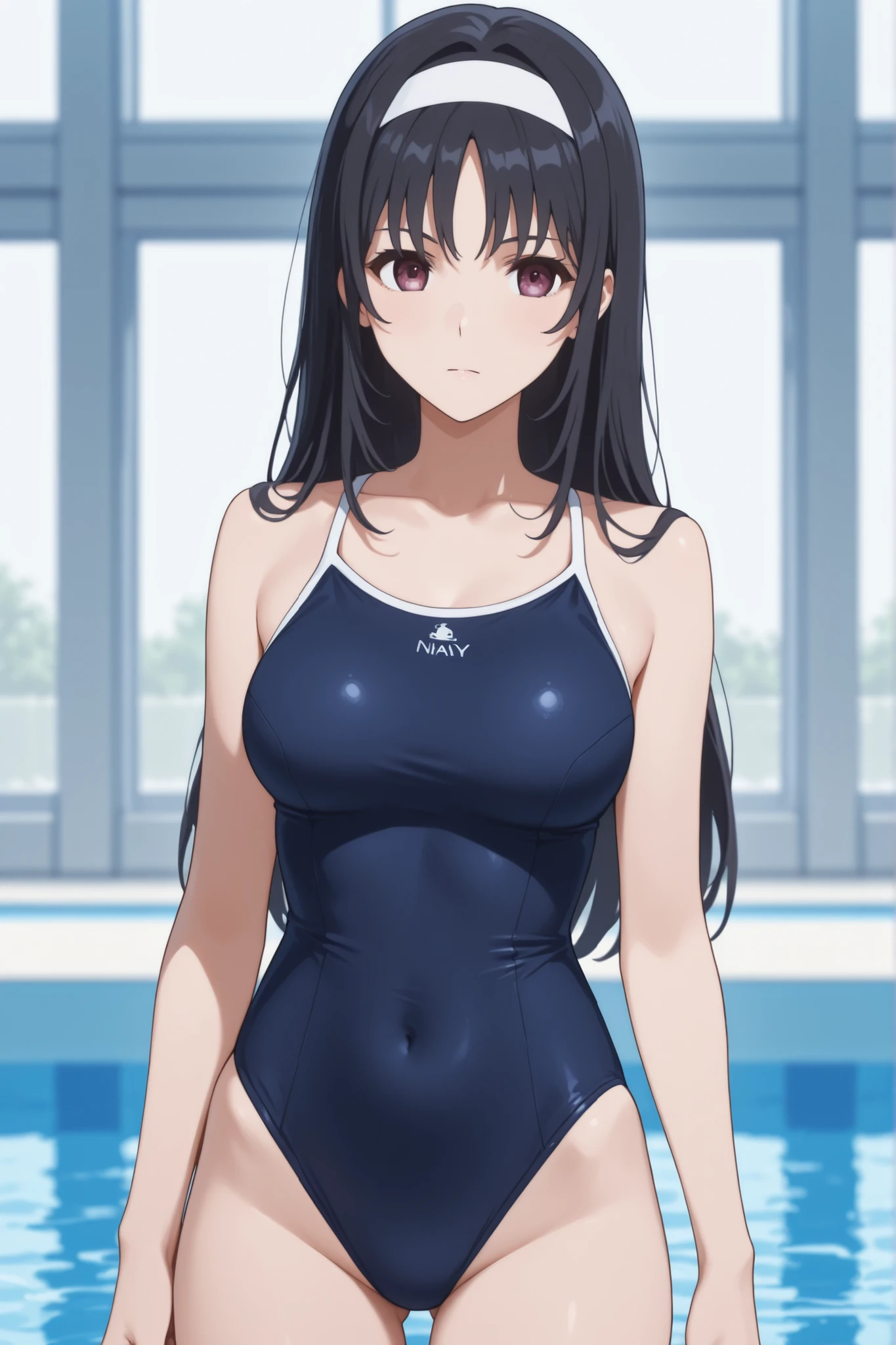(masterpiece、Highest quality、In 8K、High resolution:1.2)、alone、One Girl、 Takina Inoue、Feeling embarrassed、blush、Purple Eyes、Look at the viewers、whole body、Navy blue swimsuit、Dark blue racing swimsuit、Glossy body、Wet body、Daytime、Poolside、Low - Angle