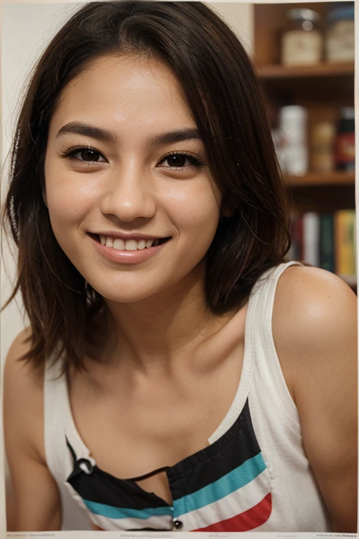 ((BUN HAIRSTYLE)), realisitic、(top-quality), matured malay women、Realistic 20 year old dark skin malay face girl, dark skin、wife, mother, (((beautiful nipple)))、Cleavage is fully exposed、Erotic panties、kitchen、messy kitchen, ((Sex in cowgirl position))、((Colossal tits:1.4)) 、((Very small face))、all-fours,Professional bright lighting、Leans forward heavily、Face kissing、erotick、((Chibi girl in loli))、Pale blue loose blouse、gym shorts, ((seduce face)), smile