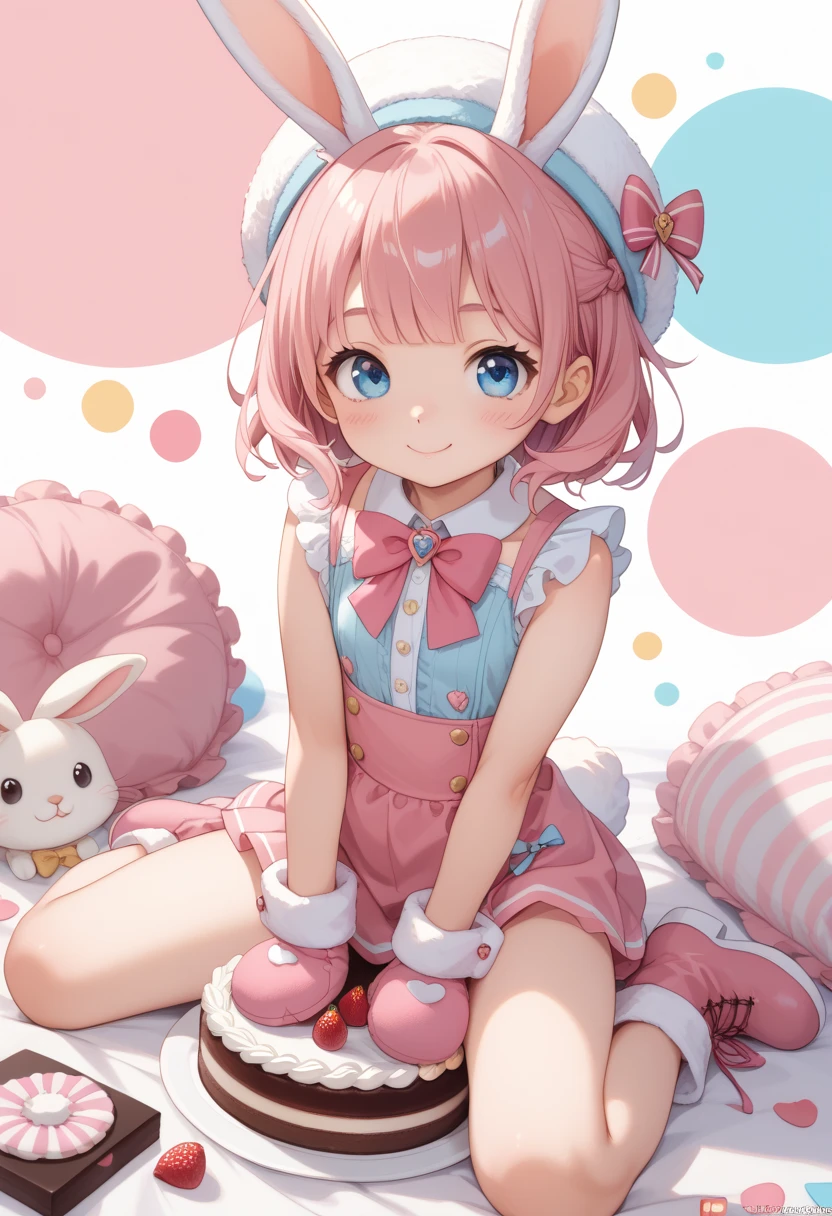 rabbit girl, light pink hair, short hair, happy smile, yellow-eyes, blush, little_girl,cute_loli, rabbit costume , cheerful,