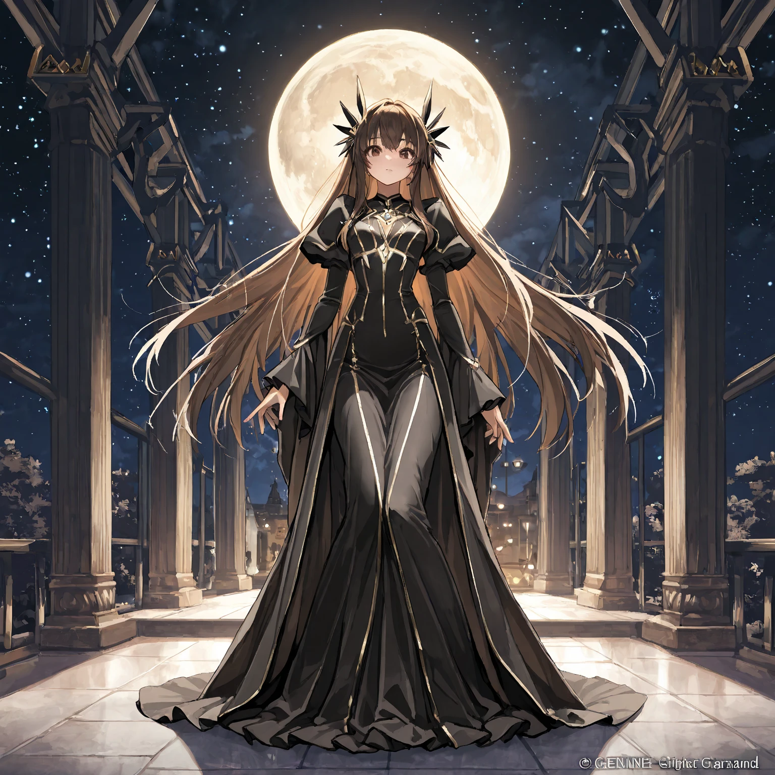 black-haired princess, (wears black princess clothes, and a gold cape with gold details: 1.5) (white and slightly torn tights, and black boots on her feet), (has golden horns on her hood), ( a gold chain around it: 1.5), (has a long black tail with subtle gold details) (her eyes are closed and has a red outline) She is located in an open temple and in the sky there is a golden moon . Best quality, 4K, 8K, High resolution, Masterpiece: 1.2), Ultra-detailed, Exquisite facial features, expressed details, Graceful, expressive brushstrokes, mystical environment, Artistic interpretation, tangled straight hair, exquisite details, Stunning intricate costumes, illustration fantasy, subtle colors and tones, details have been updated, medieval princess, heaving breasts