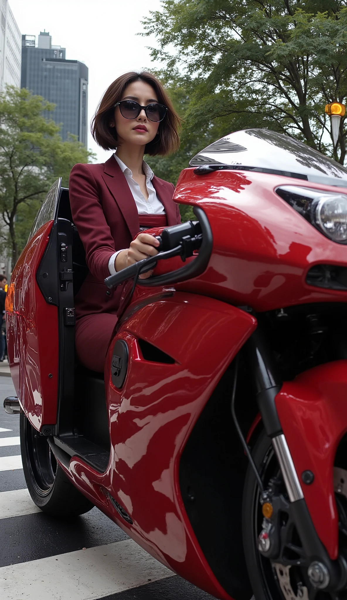 superrealism, photorealistic, ((ultra-low side angle shooting, looking up at a girl)), a profile cinematic photo of a beautiful sexy brunette paparazzi exiting a futuristic motorcycle parked at the zebra crossing. The woman has a bob haircut. She wears a red business suit, white shirt, black tie, and sunglasses. She holds the iPhone in photography mode with a steady grip. The bike itself is red, sleek and metallic, with intricate patterns and a futuristic feel.