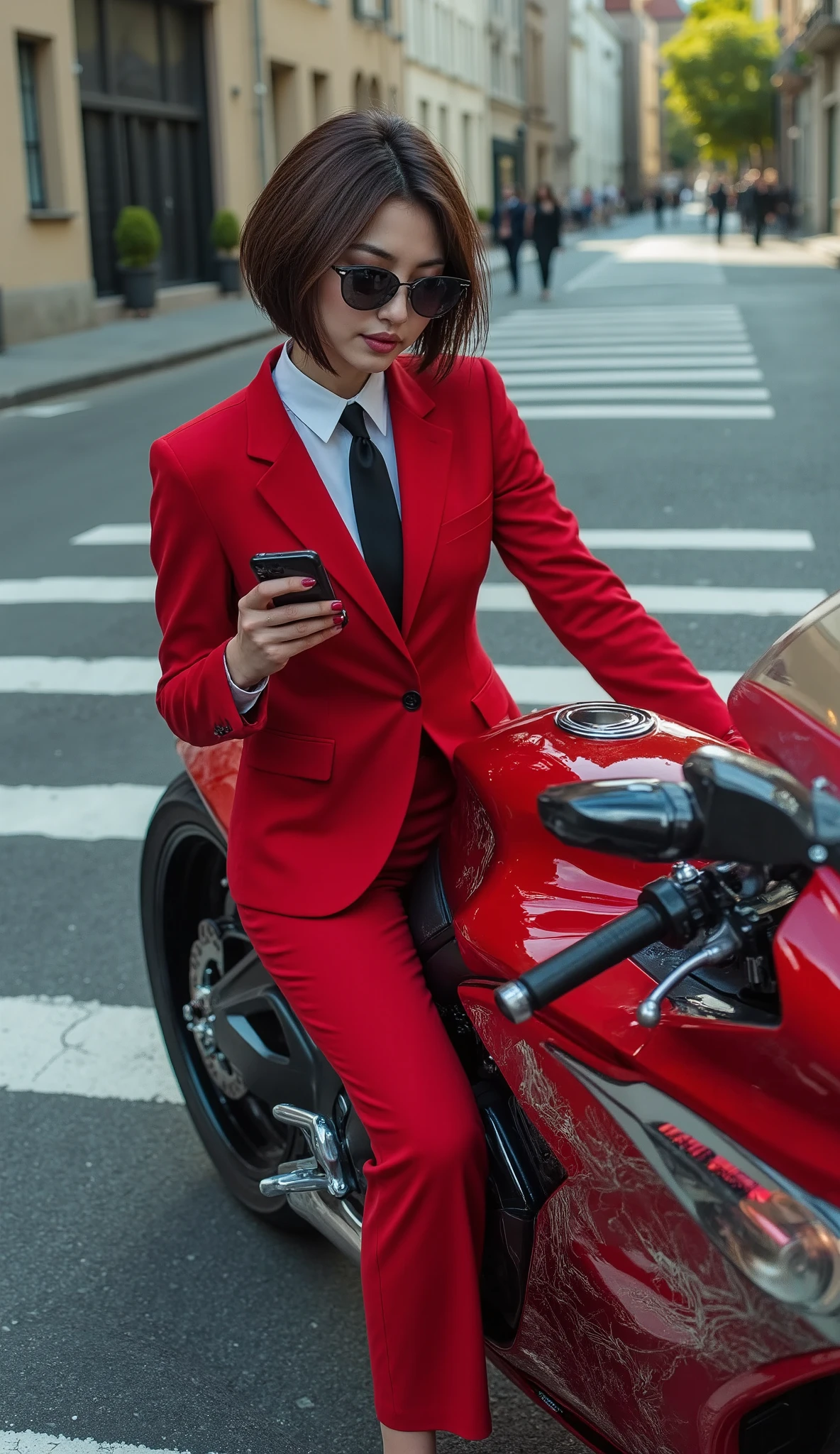 superrealism, photorealistic, ((ultra-low side angle shooting, looking up at a girl)), a profile cinematic photo of a beautiful sexy brunette paparazzi exiting a futuristic motorcycle parked at the zebra crossing. The woman has a bob haircut. She wears a red business suit, white shirt, black tie, and sunglasses. She holds the iPhone in photography mode with a steady grip. The bike itself is red, sleek and metallic, with intricate patterns and a futuristic feel.
