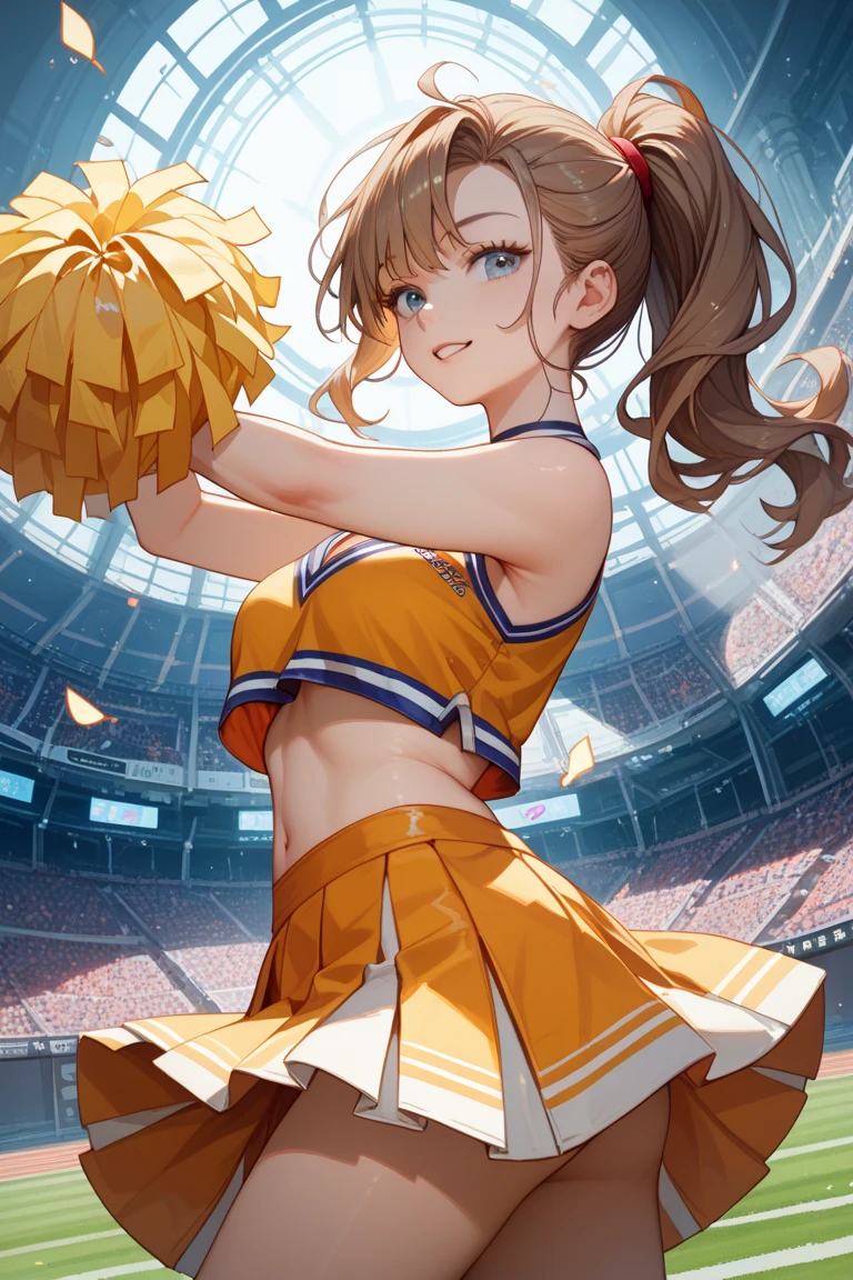 (Highest quality, 8k, 32K, masterpiece, Ultra-high resolution,:1.2),to be born, One Girl,So cute , Fantasy background like a ground, clear, Shining Eyes, Age 20 ,Fair skin, Brown Hair Girl, A beautiful girl like a fox, Cheerleader, Slanted Eyes, An innocent smile, Grin, mini skirt,short hair, Short Hair