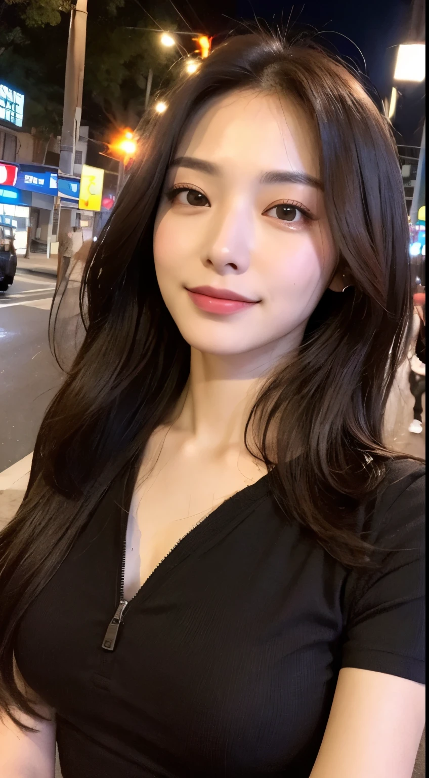 (1 Korean girl with royal sister style), ((best quality, 8k, masterpiece: 1.3)), (front photo), perfect body beauty: 1.4, (smile), (Street: 1.3), highly detailed face and skin texture, delicate eyes, double eyelids, whitened skin, (air bangs: 1.3), (round face: 1.5), (work suit: 1.4), tight clothes
