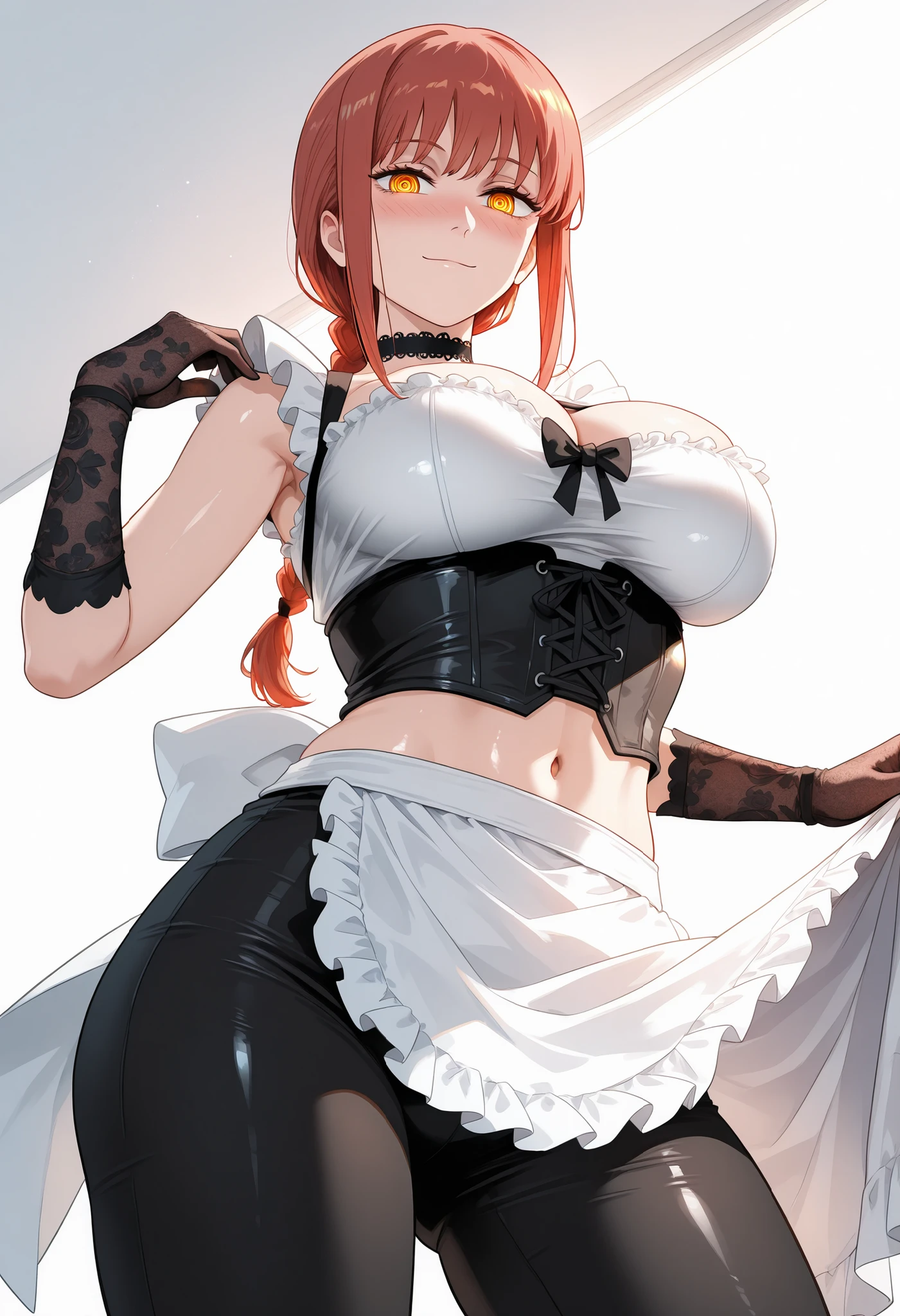 a nude cartoon depiction of a sexy, red haired woman in a maids outfit, 1girl, breasts, solo, green eyes, long hair, looking at viewer, maid headdress, red hair, short sleeves, dress, frills, blush, white background, bow, black dress, simple background, puffy short sleeves, breasts apart, black bow, covered navel, puffy sleeves